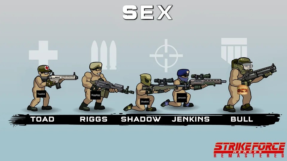 bull_(strike_force_heroes) censor_bar english_text guns heavily_censored human jenkins_(strike_force_heroes) male mammal riggs_(strike_force_heroes) sfhr shadow_(strike_force_heroes) strike_force_heroes_(series) tagme text toad_(strike_force_heroes) toony unknown_artist