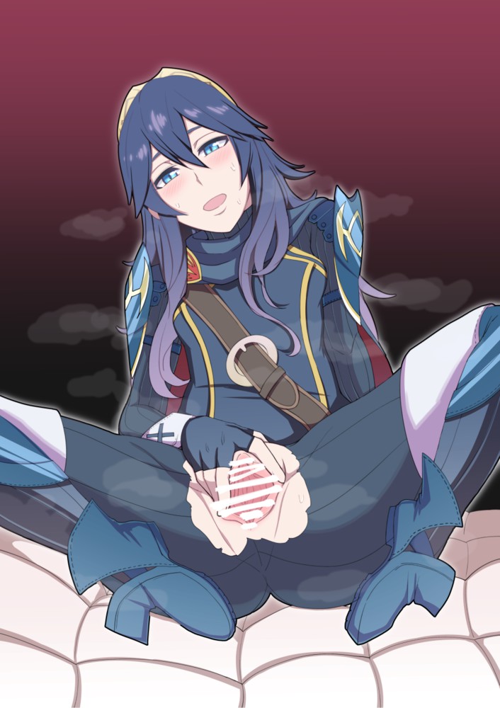 1girls armor bar_censor belt blue_eyes blue_hair blush cape censored crotch_cutout female female_only fingerless_gloves fire_emblem fire_emblem_awakening gloves human lucina_(fire_emblem) nintendo open_mouth pauldrons pussy solo spread_legs spread_pussy sweat tiara torn_clothes umayahara0130