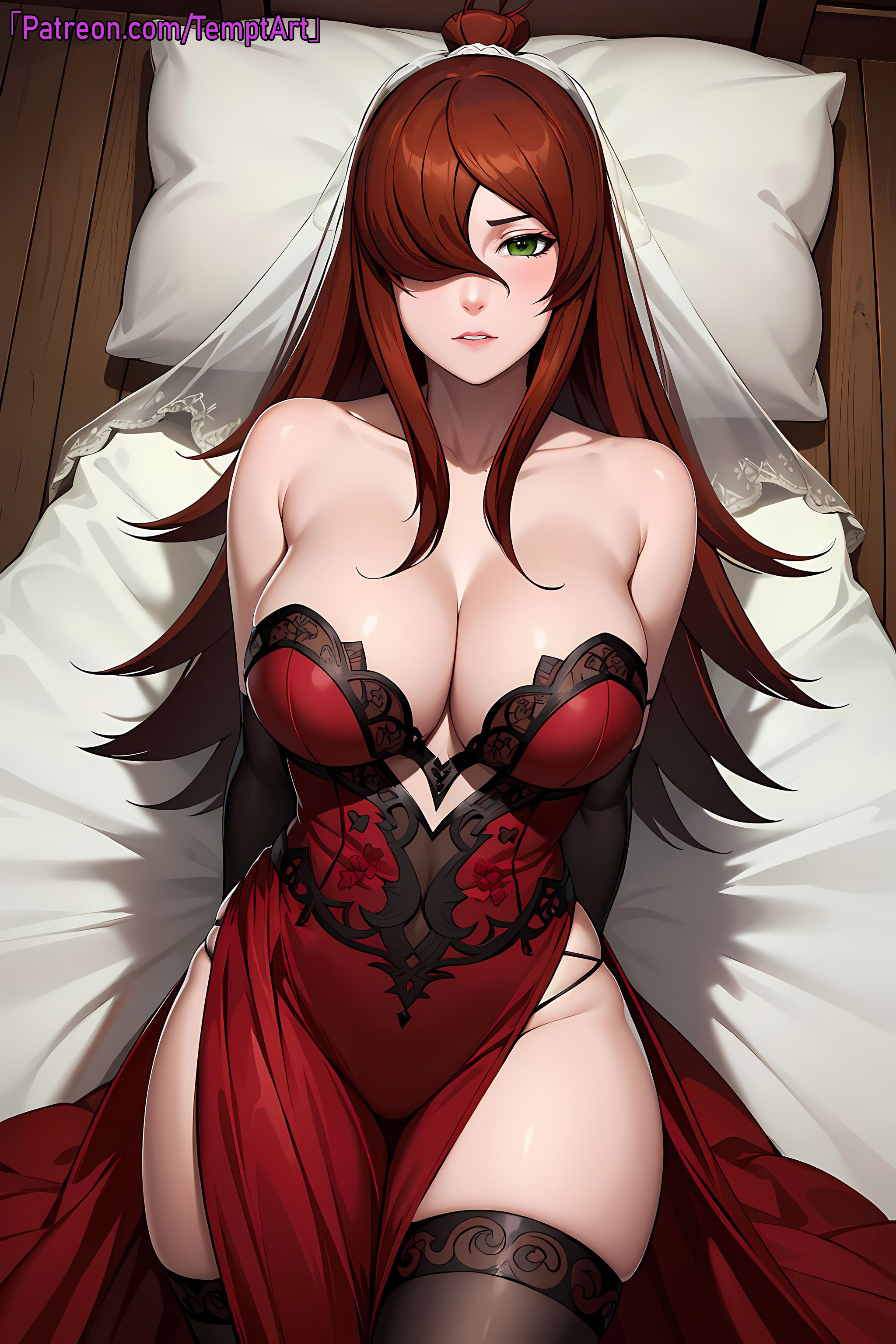 1girls, adapted costume, ai generated, arm gloves, arms behind back, blanket, boruto: naruto next generations, bride, brown hair, church, cleavage, curvaceous, curvy, curvy body, curvy female, curvy figure, dress, female, female only, from above, gloves, green eyes, head on pillow, hourglass figure, indoors, light skin, light-skinned female, lipstick, looking at viewer, makeup, mature, mature female, mei terumi, milf, nai diffusion, naruto, naruto (series), naruto shippuden, oppai, patreon username, pillow, red dress, revealing clothes, solo, stable diffusion, stockings, temptart, url, veil, very long hair, viewed from above, voluptuous, web address, wedding, wedding dress, wedding veil, wide hips