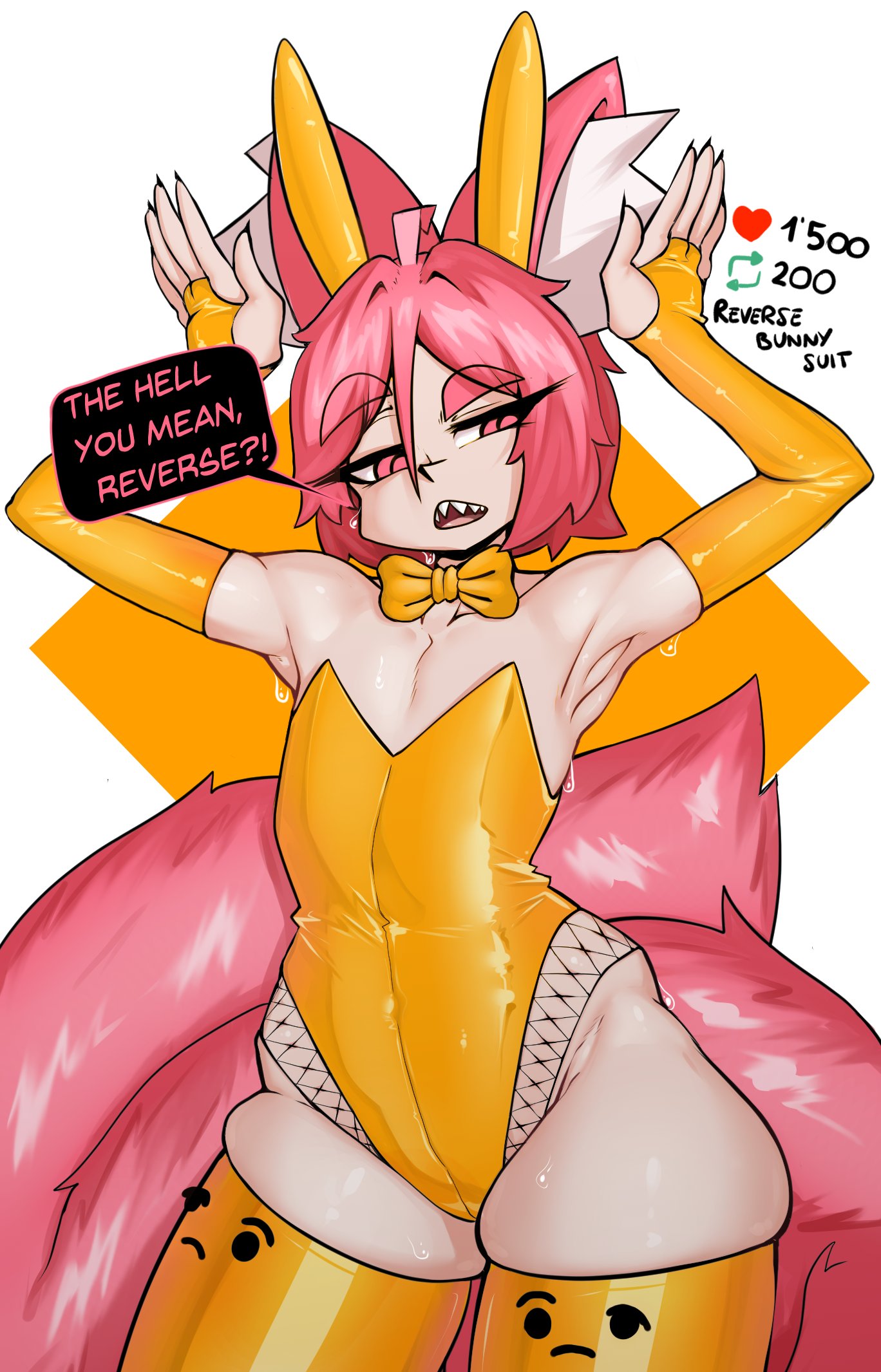 bunny pose, bunnysuit, female, female only, fir3born, flat chest, looking at viewer, pink hair, tagme, thighhighs, true flat chest