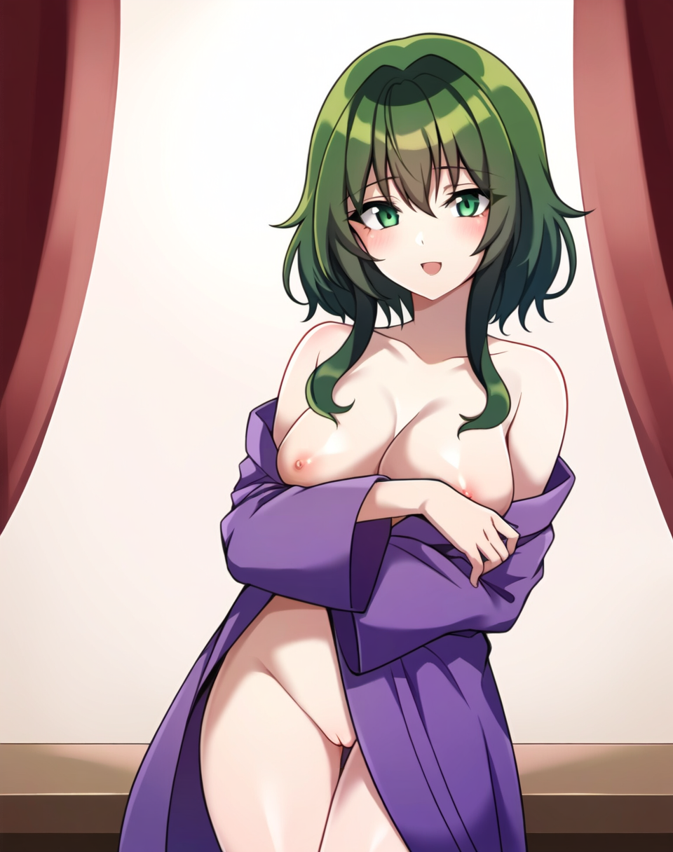 1girls ai_generated areolae breasts cleft_of_venus female green_eyes green_hair gumi kimono labia labia_majora large_breasts looking_at_viewer masa_works_design milf milua nipples novelai off_shoulder oni_to_kitsune_no_hanashi open_clothes open_kimono open_mouth purple_kimono pussy ryou_shishikusa self_upload short_hair_with_long_locks sidelocks smile solo solo_female stable_diffusion tagme vocaloid