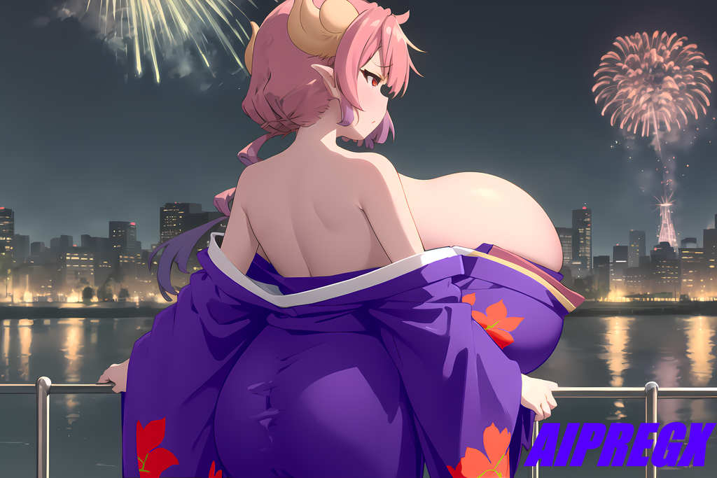ai generated, breasts, dragon girl, dragon horns, female, fireworks, gigantic breasts, huge breasts, ilulu, ilulu (dragon maid), ilulu (maidragon), kimono, kobayashi-san chi no maidragon, miss kobayashi's dragon maid, pink hair, red eyes, short hair, slit pupils