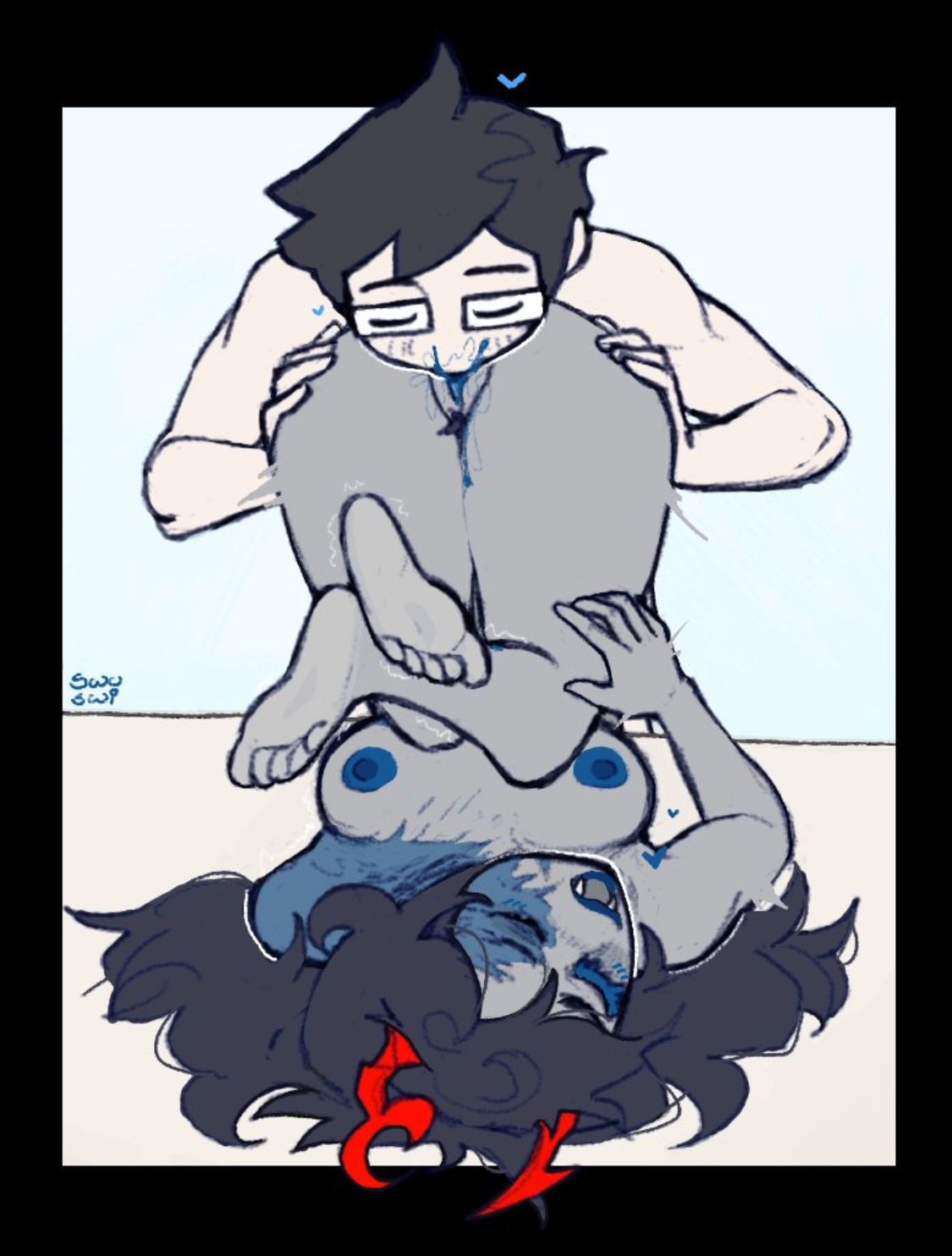 1boy, 1girls, amputee, black hair, blue nipples, breasts, closed eyes, cunnilingus, feet, female, glasses, hair, homestuck, horns, john egbert, male, male/female, mouth open, nipples, pleasure face, pubic hair, pussy, pussy juice, scar, simple background, swuswi, vriska serket