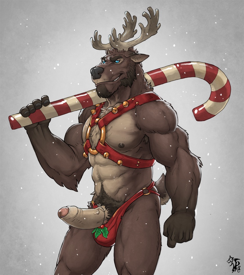 1boy abs antlers badcoyote beard blue_eyes candy candy_cane cervine christmas clothing erection facial_hair food harness holidays looking_at_viewer male male_only mammal manly mistletoe muscular nipples penis plant red_underwear reindeer solo standing thong uncut underwear