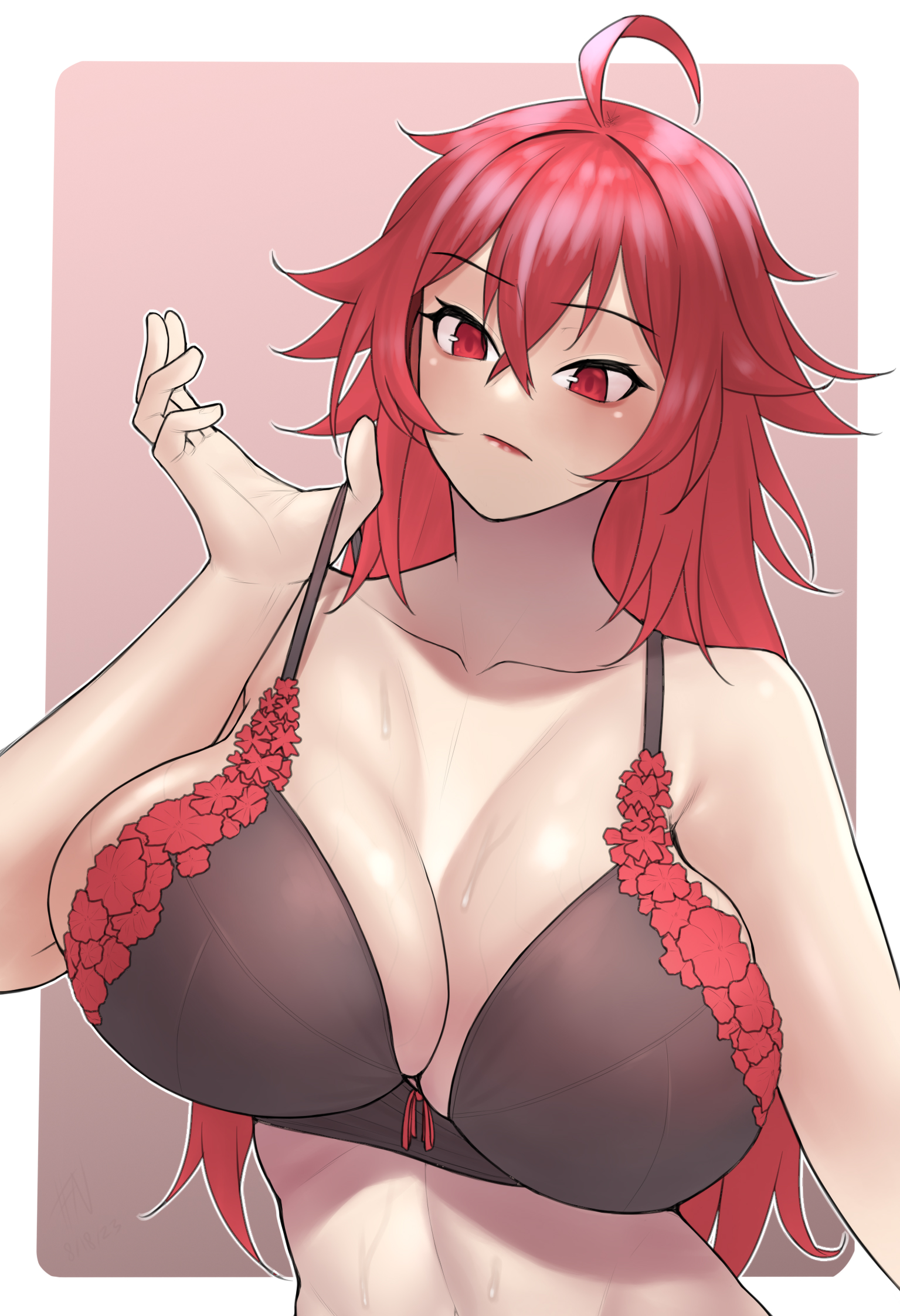 1girls, ahoge, bare shoulders, black bra, blush, bow bra, bra, breasts, cleavage, collarbone, female, goddess of victory: nikke, hair between eyes, hi res, huge breasts, ifnlew, lace trim, lace-trimmed bra, long hair, nihilister (nikke), portrait, red eyes, red hair, sidelocks, simple background, solo, solo female, spiky hair, underwear