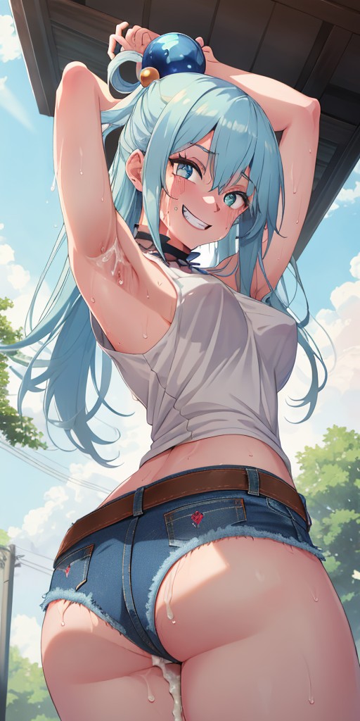 1girls ai_generated aqua_(konosuba) armpit armpit_fetish armpits arms_behind_back arms_up ass ass_focus background bare_shoulders big_ass big_butt blue_eyes blue_hair blue_shorts blush blushing_at_viewer booty_shorts bottom_view breasts breasts_visible_through_clothing choker clothed clothing cum cum_drip cum_dripping cum_on_armpit cum_on_armpits denim denim_shorts detailed_background doctork elbows female female_focus female_only from_below hair hair_ornament hair_ribbon hair_ring kono_subarashii_sekai_ni_shukufuku_wo! leaking_cum looking_down looking_down_at_viewer medium_breasts outdoors outside pov_eye_contact public purple_choker shorts shoulders side_view sideboob smiling smiling_at_viewer sweat sweatdrop sweatdrops sweating sweaty sweaty_body tank_top thick thick_ass viewed_from_below white_tank_top white_topwear