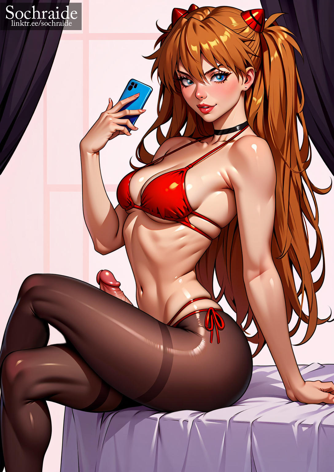 ai generated, asuka langley sohryu, balls, blue eyes, breasts, clothed, clothing, dickgirl, erect penis, erection, futanari, huge breasts, intersex, light skin, light-skinned futa, long hair, long penis, neon genesis evangelion, orange hair, panties, penis, scrotum, sochraide, testicles, uncensored