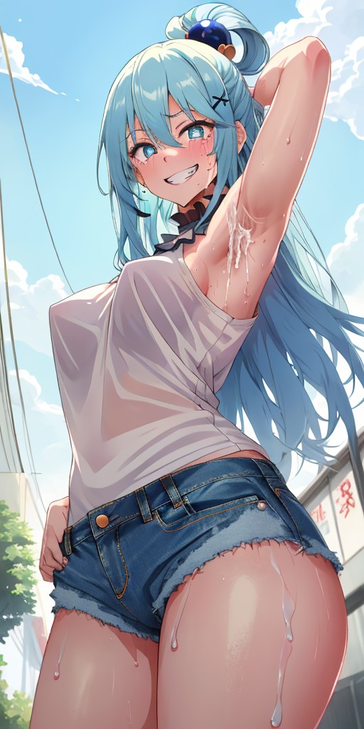 1girls ai_generated aqua_(konosuba) armpit armpit_fetish armpits arms_behind_back arms_up ass ass_focus background bare_shoulders big_ass big_butt blue_eyes blue_hair blue_shorts blush blushing_at_viewer booty_shorts bottom_view breasts breasts_visible_through_clothing choker clothed clothing cum cum_drip cum_dripping cum_on_armpit cum_on_armpits denim denim_shorts detailed_background doctork elbows female female_focus female_only from_below hair hair_ornament hair_ribbon hair_ring kono_subarashii_sekai_ni_shukufuku_wo! leaking_cum looking_down looking_down_at_viewer medium_breasts outdoors outside pov_eye_contact public purple_choker shorts shoulders side_view sideboob smiling smiling_at_viewer sweat sweatdrop sweatdrops sweating sweaty sweaty_body tank_top thick thick_ass viewed_from_below white_tank_top white_topwear