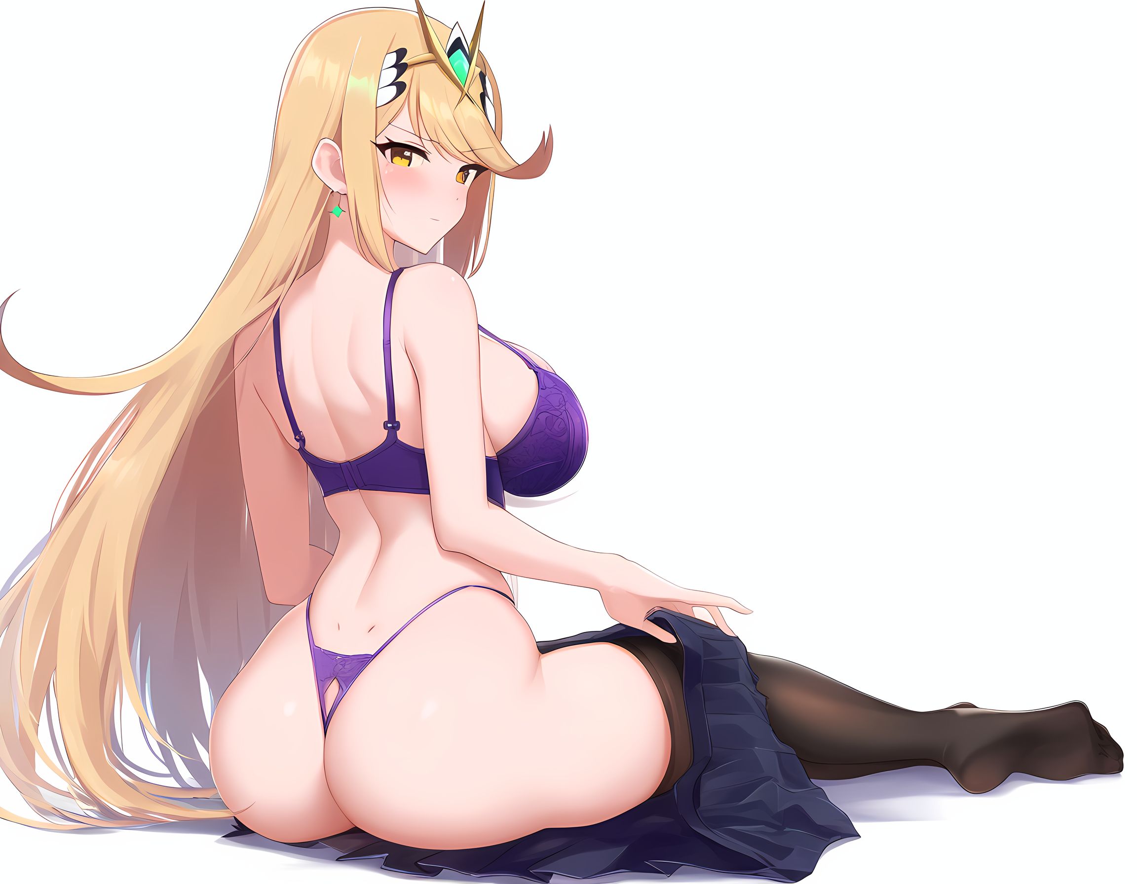 1girls, ai generated, ass, big breasts, bra, breasts, female, female only, hi res, high resolution, highres, long hair, looking at viewer, mythra (xenoblade), sitting, sitting down, tagme, xenoblade (series), xenoblade chronicles 2