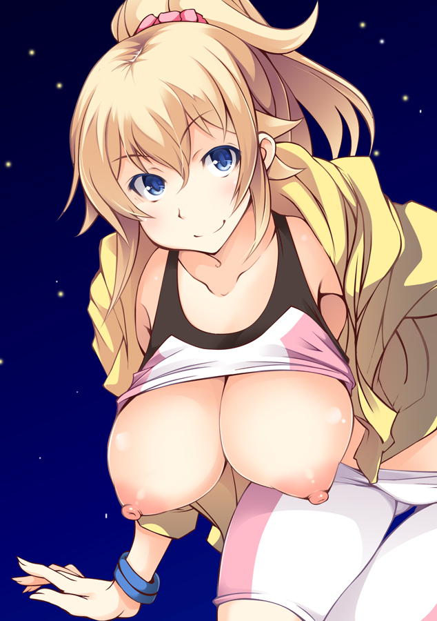 bent_over bike_shorts blonde_hair blue_eyes bracelet breasts female gengoroh gundam gundam_build_fighters gundam_build_fighters_try hanging_breasts hoshino_fumina jacket jewelry large_breasts long_hair looking_at_viewer nipples ponytail scrunchie shirt_lift smile solo sports_bra thigh_gap tied_hair