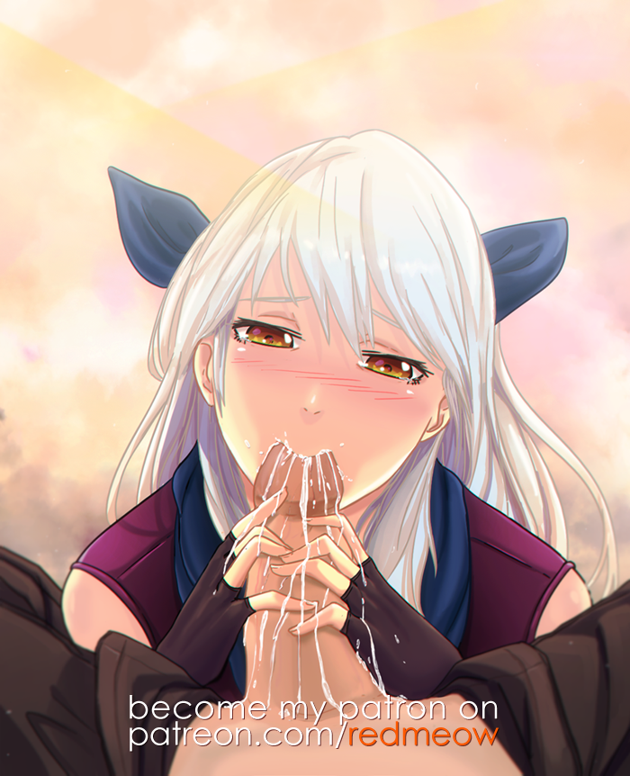 blush cum cum_in_mouth erection fellatio female fire_emblem fire_emblem:_radiant_dawn hair_ribbon looking_at_viewer micaiah_(fire_emblem) oral penis pov redmeow scarf silver_hair uncensored yellow_eyes