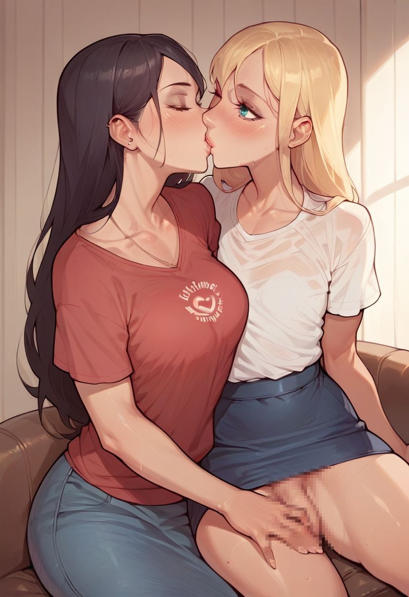 2futas adult_and_teenager age_difference ai_generated black_hair blonde_hair desgens erection futa_on_futa futa_only futanari kissing older_female older_female_younger_female skirt