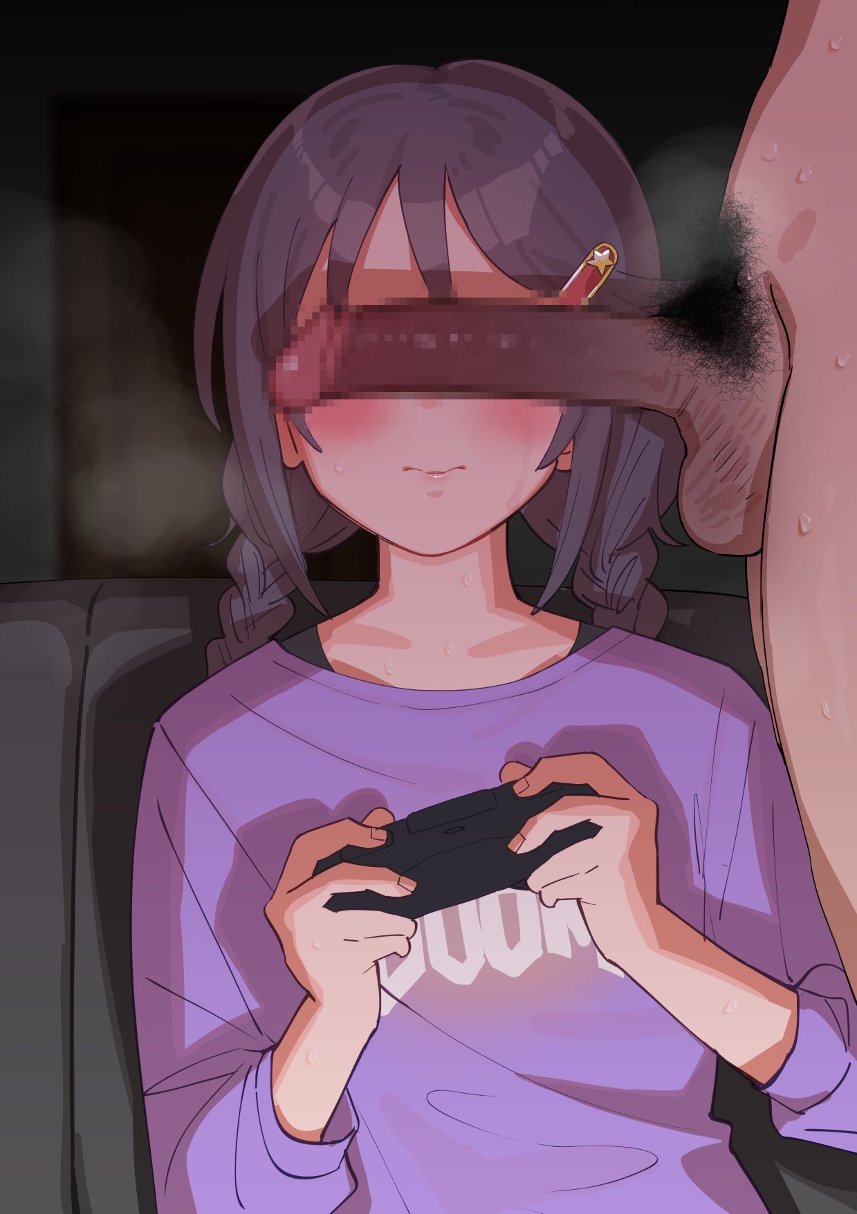 1boy blush braid buta_tsuzumi cant_see_the_haters controller doom_(series) female game_controller hair_ornament hairclip highres holding holding_controller holding_game_controller idolmaster idolmaster_cinderella_girls large_penis long_hair miyoshi_sana penis penis_covering_eyes penis_on_face penis_over_eyes playing_games purple_hair sweat twin_braids