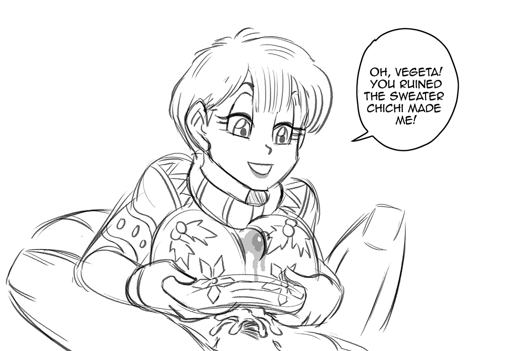 big breasts, breasts, bulma briefs, cum, dragon ball, dragon ball super, female, funsexydragonball, male, monochrome, paizuri, paizuri under clothes, pubic hair, sweater, vegeta