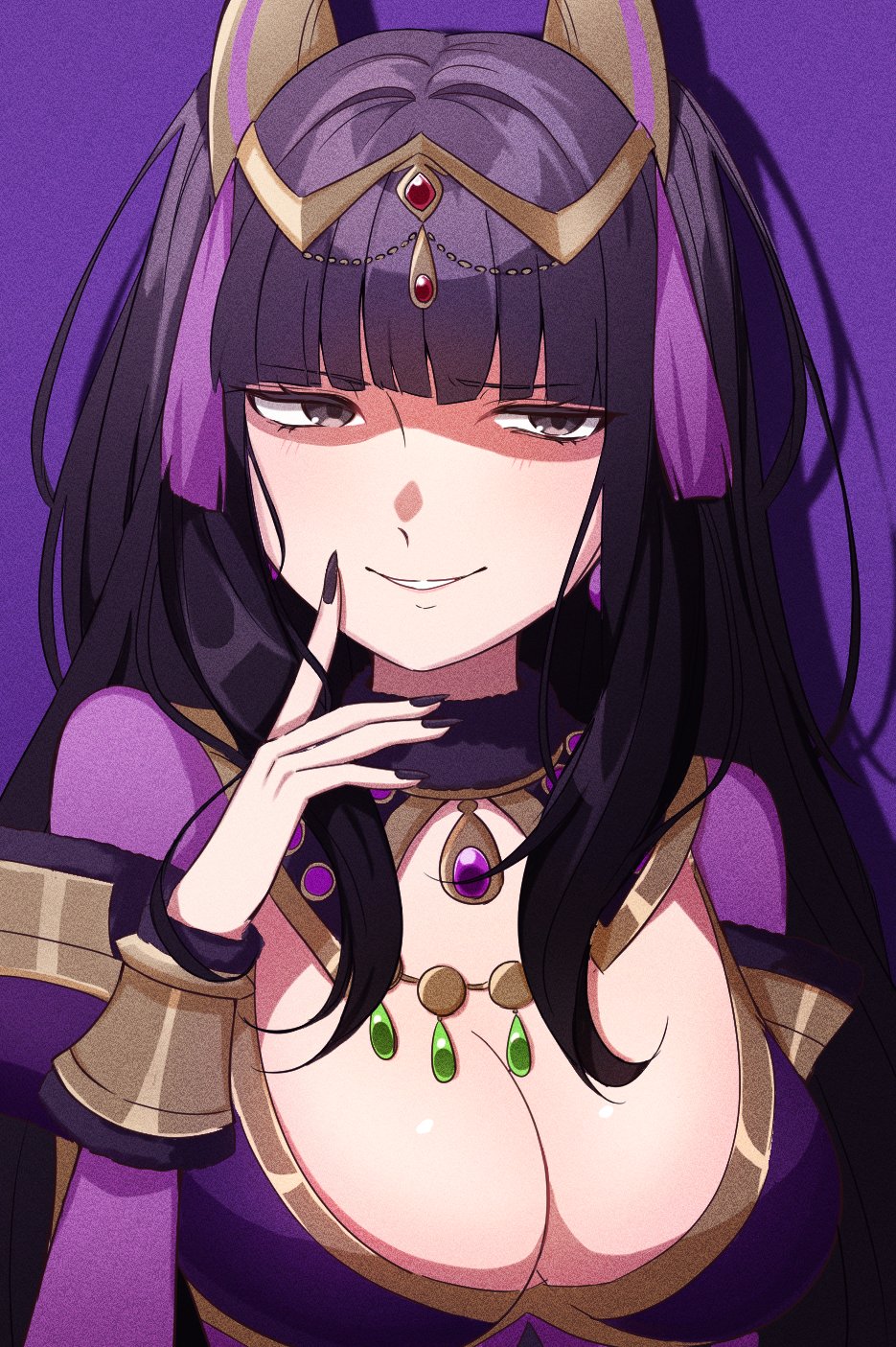 1girl 1girls alternate_costume black_eyes black_hair black_nails blunt_bangs bodystocking bracelet breasts cleavage cleavage_cutout clothing_cutout commentary_request eyelashes fire_emblem fire_emblem_awakening gmais2514 grey_eyes hand_on_own_chin highres jewelry large_breasts long_hair nintendo purple_background simple_background smile solo tassel teeth tharja_(fire_emblem) tiara two_side_up upper_body