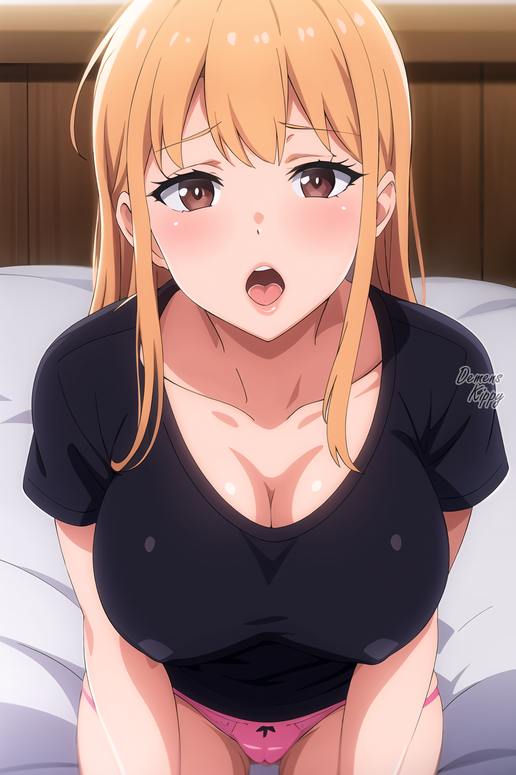 ai_generated ane_wa_yanmama_junyuuchuu_in_jikka big_breasts blonde_hair female female_focus female_only gyaru milf open_mouth pink_panties sano_aika