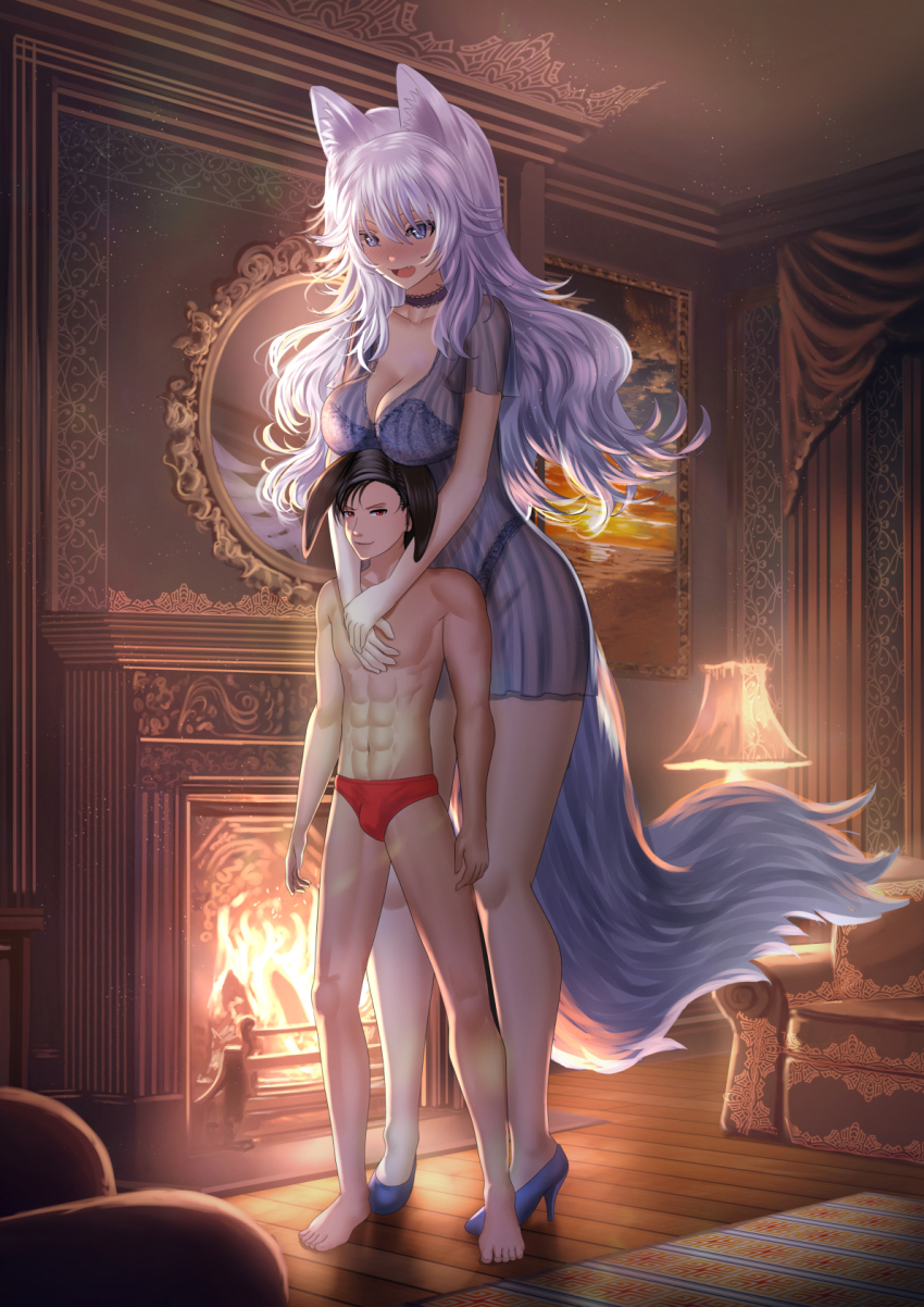 1boy animal_ears blue_eyes breasts fantasy female high_heels highres indie_virtual_youtuber kein_hasegawa large_breasts long_hair long_legs long_tail lumi_(merryweather) male_swimwear panties red_eyes see-through short_male smile stiletto_heels swim_briefs tail tall_female underwear virtual_youtuber white_hair wolf_ears wolf_girl wolf_tail