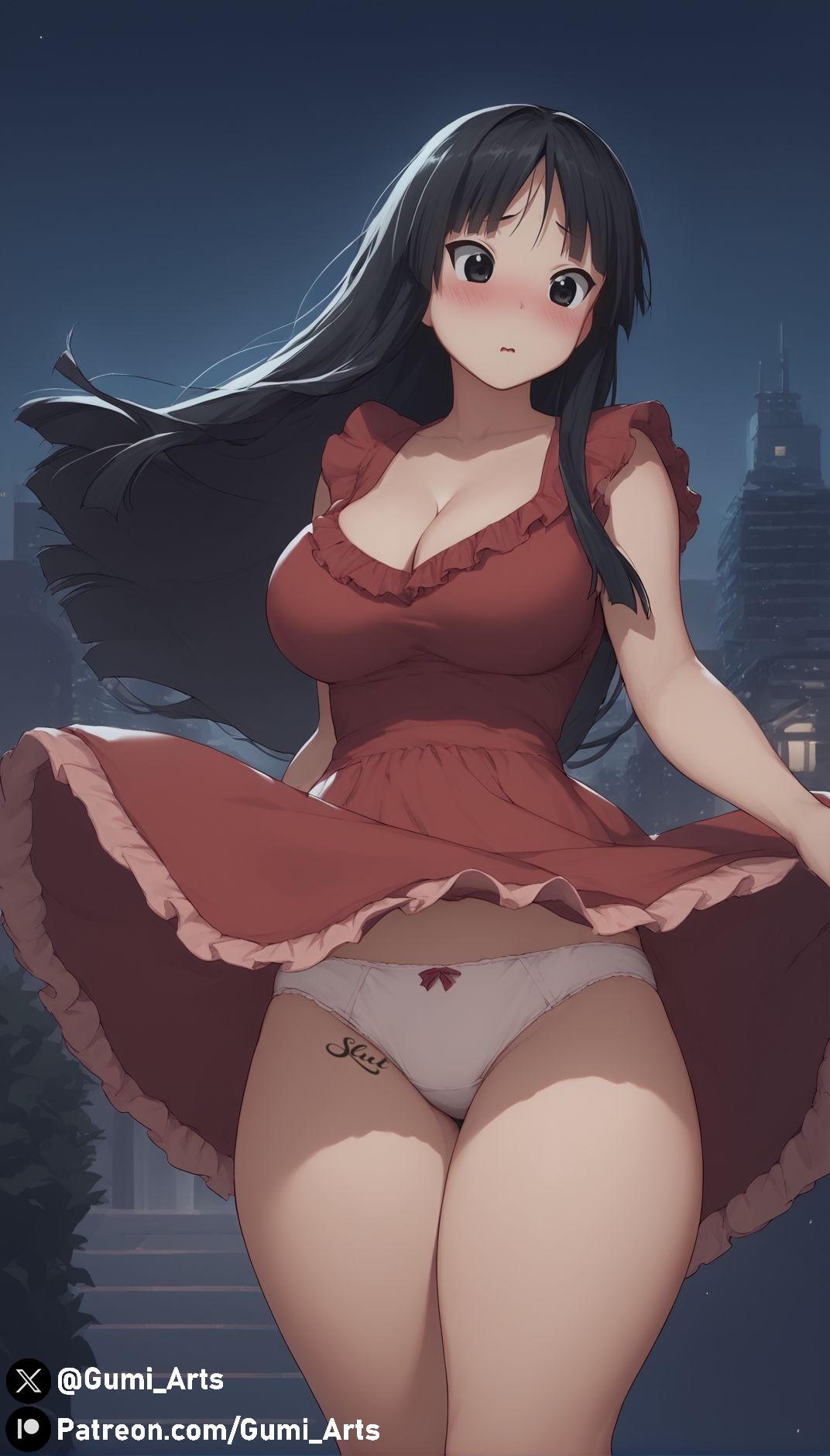 ai generated, black eyes, black hair, blush, breasts, city, cleavage, dress, female, frilled dress, gumi arts, k-on!, large breasts, long hair, mio akiyama (k-on!), night, outdoors, panties, stable diffusion, standing, surprised, tattoo, thick thighs, wind lift