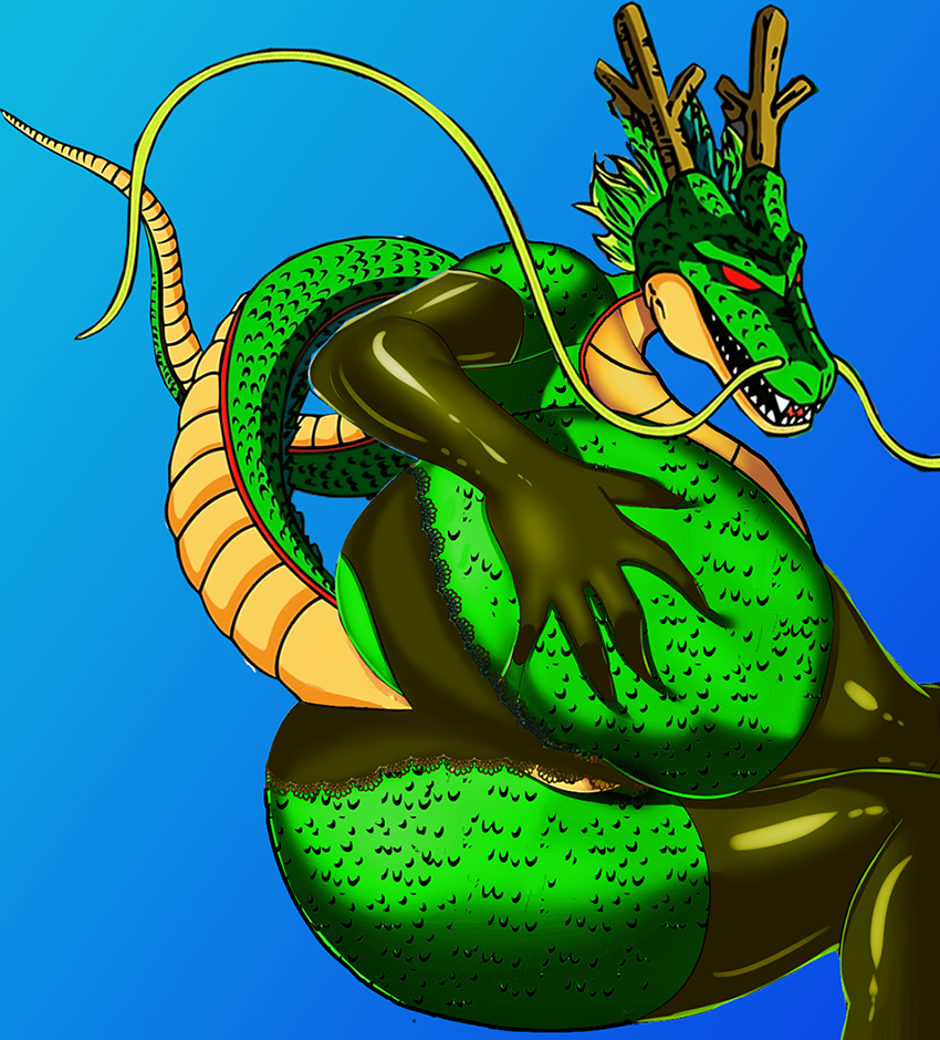 1girls ass big_ass breasts dragon eastern_dragon female girly gloves green_skin hand_on_ass horns latex looking_at_viewer mane open_mouth presenting presenting_hindquarters red_eyes reptile scalie seductive shenron simple_background solo thighhighs topless underwear voluptuous whiskers