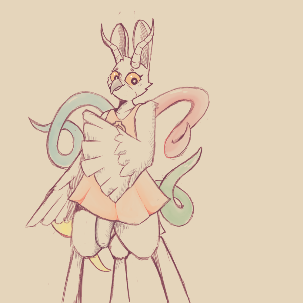 1:1 3_legs anthro avian beak bird bottomless clothed clothing digitigrade dress exposed feathers flaccid genitals holemann horn horned_owl hybrid lagomorph looking_at_viewer male male_only mammal multi_leg multi_limb multicolored_tentacles orange_clothing orange_dress owl penis penis_under_dress rabbit_ears scp-2703-1 solo standing tentacle true_owl winged_arms wings yellow_sclera