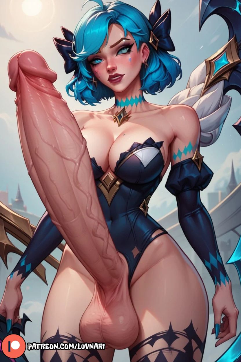 1futa 1futanari ai_generated big_balls big_breasts blue_eyes blue_hair cleavage cleavage_cutout curvy curvy_figure fantasy fit fit_futanari futa_only futa_penis futadom futanari glowing_eyes gwen_(league_of_legends) heels high_heels hourglass_figure huge_balls huge_breasts huge_cock hyper_penis large_penis league_of_legends league_of_legends:_wild_rift lifting_skirt light-skinned_futanari light_skin looking_at_viewer luvnari massive_penis penis_to_the_knees pov pov_eye_contact solo_futa thick thick_legs thick_thighs tight_clothes tight_clothing tight_fit veins veins_on_dick veiny veiny_penis