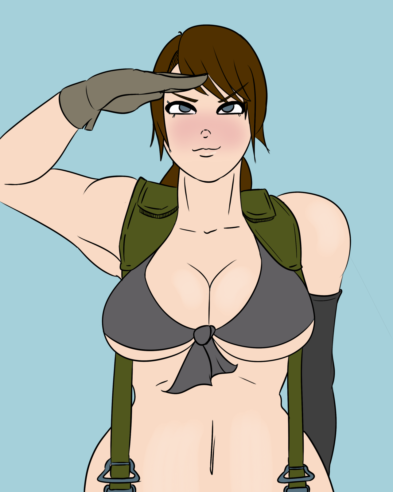 absurdres, bare shoulders, big breasts, black eyes, blue background, breasts, brown hair, dedalo, female, large breasts, long hair, metal gear, metal gear solid, metal gear solid v, navel, partially clothed, ponytail, quiet (metal gear), salute, simple background, solo, suspenders, tied hair