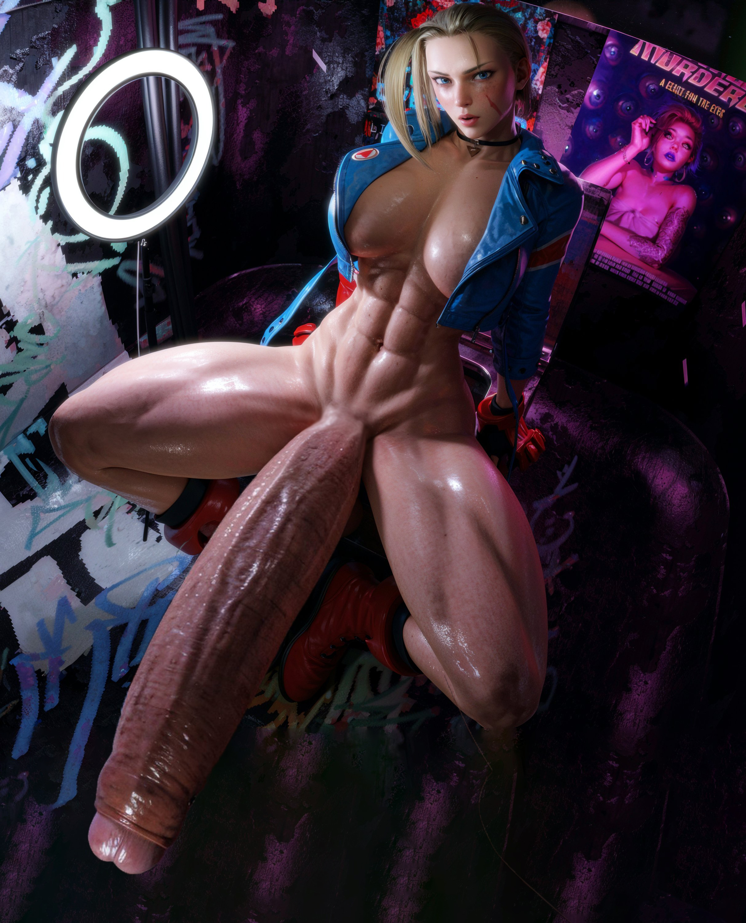 1futa, 3d, 3d (artwork), abs, big breasts, big penis, black choker, breasts, cammy white, capcom, choker, cleavage, erection, foreskin, futa only, futanari, gigantic penis, high-angle view, huge breasts, huge cock, hyper, hyper penis, intersex, muscular, muscular futa, partially retracted foreskin, penis, penis longer than knee, sitting, solo, solo futa, spread legs, street fighter, street fighter 6, uncircumcised, uncut, very long penis, zzzxxxccc