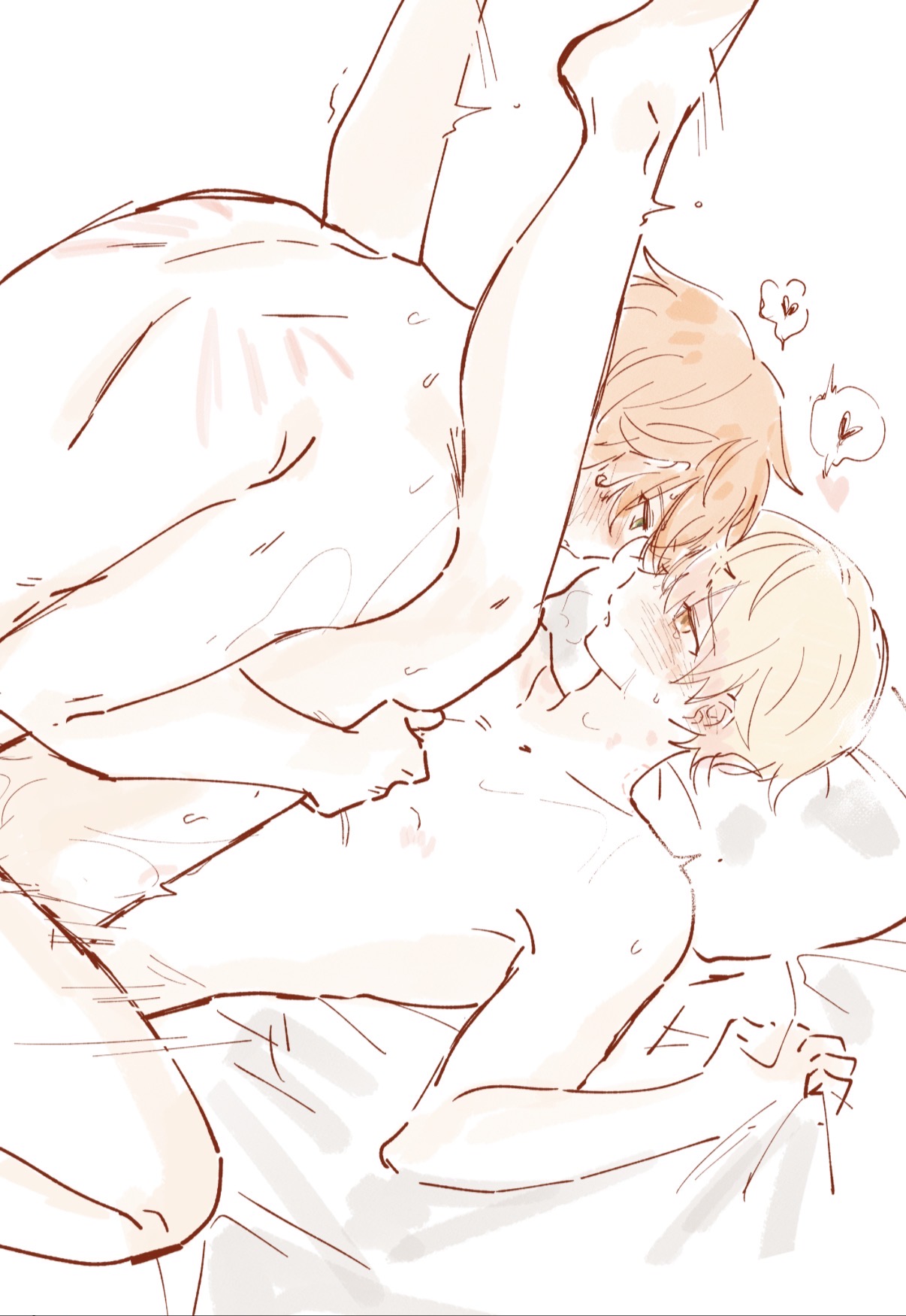 anal, anal penetration, anal sex, bed, blushing, gay, gay anal, gay male, gay sex, gripping sheets, heart symbol, holding head, holding legs, missionary position, pillow, project sekai, scratch marks, scratches, shinonome akito, spread legs, tears, tears of pleasure, tenma tsukasa, thrusting, thrusting into ass, white background, yaoi