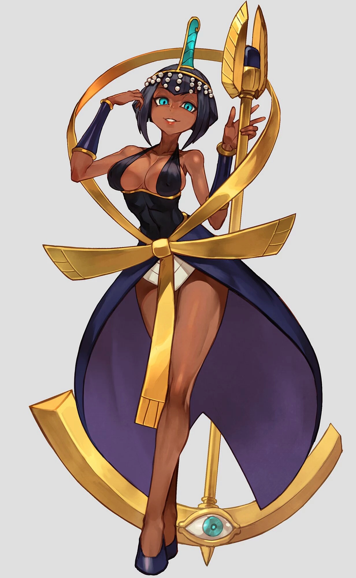 ankh, black dress, black hair, blue eyes, bob cut, breasts, dark skin, dark-skinned female, egyptian, eliza (skullgirls), female, gold, halterneck, jewelry, legs, skullgirls, solo, staff, teal eyes