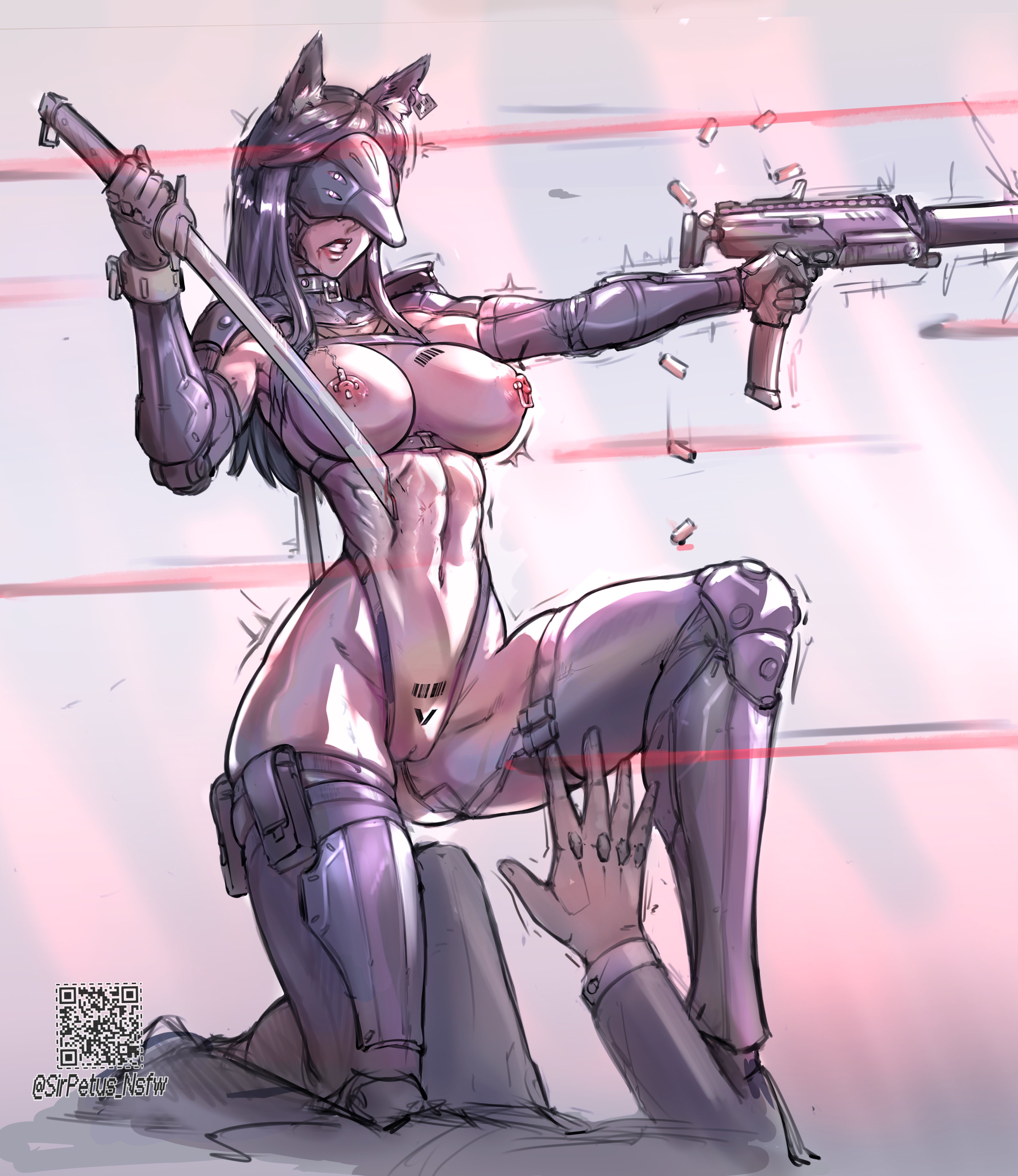 1girls, barcode, breast tattoo, collar, female, female combatant, female focus, gun, hairless pussy, hourglass figure, nipple piercing, piercing, pubic tattoo, sirpetus, slim waist, small waist, sword, tagme, tattoo, weapon