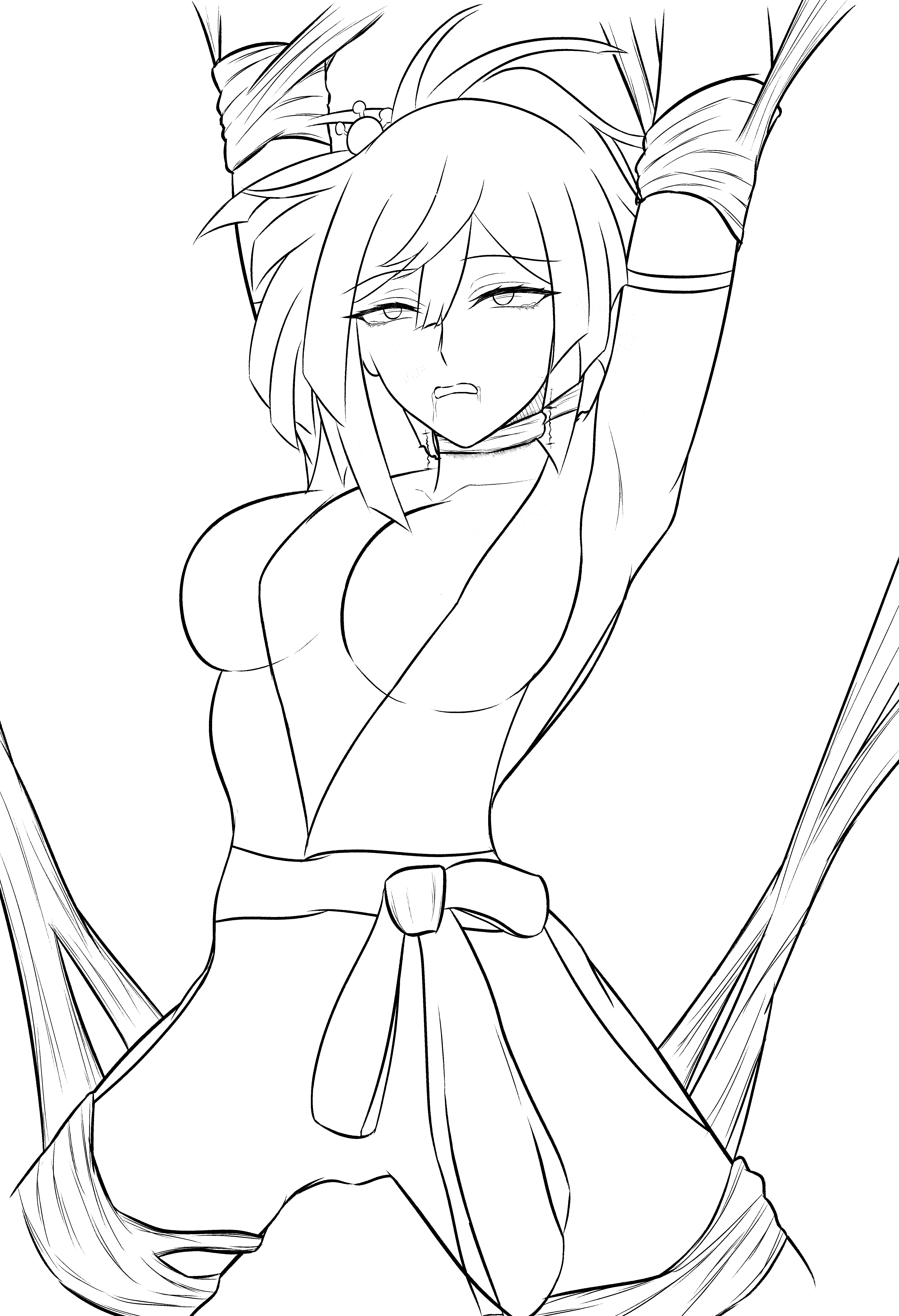 1girls, about to die, asphyxiation, big breasts, bondage, captured, captured female, damsel in distress, death, defeated, defeated female, eyes rolling back, falling asleep, female, female focus, female only, femsub, hanged, hanging, inminent death, jigokuraku, killing, large boobs, large breasts, leash, line art, long hair, rope, rope bondage, saliva, saliva drip, saliva string, saliva trail, strangling, suffering, suffocating, suffocation, throat, throat grab, tied hair, tired, tired expression, tired eyes, tired look, torture, tortured, tortured to death, trying to break free, trying to escape, trying to resist, yuzuriha (jigokuraku)