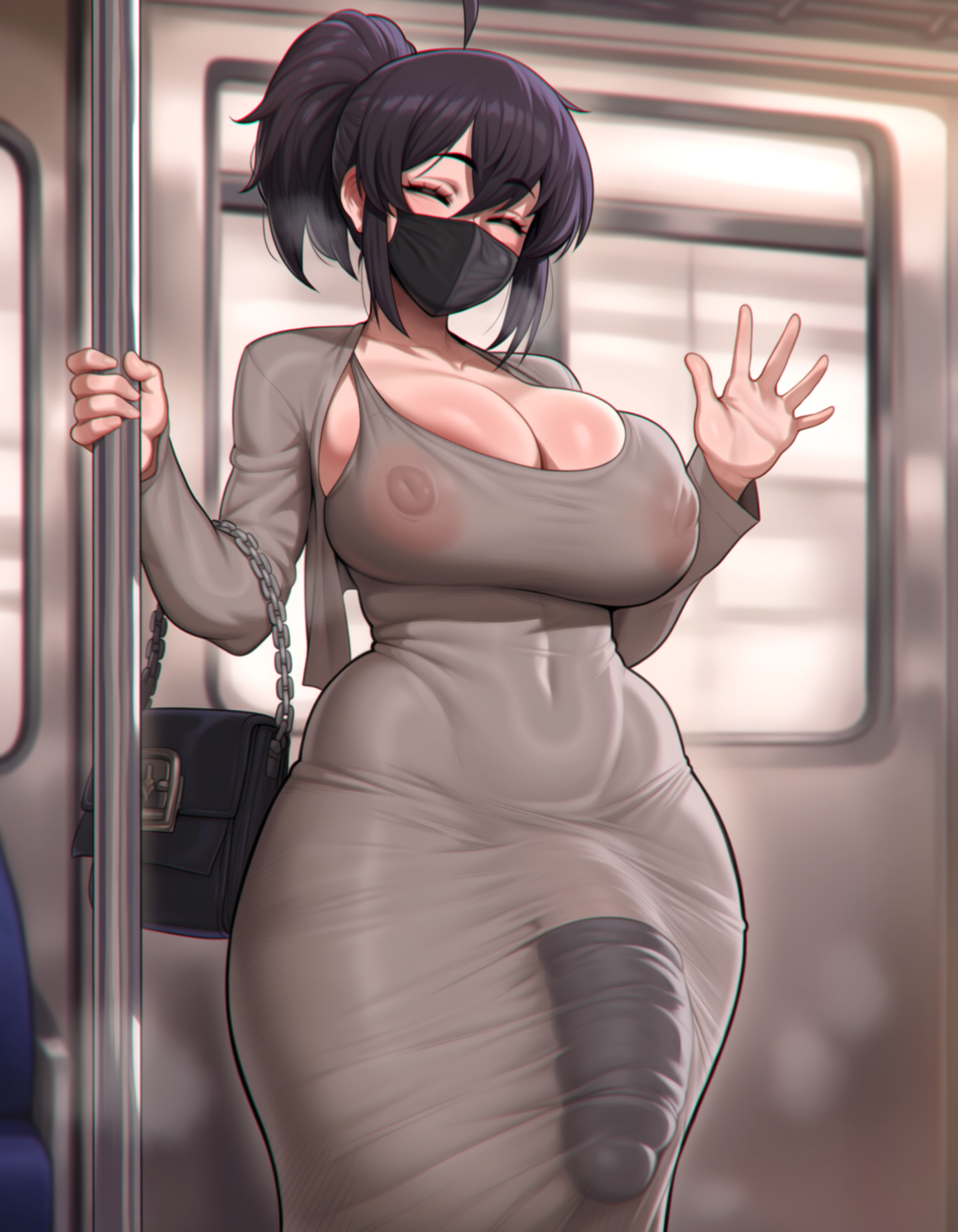 1futa, 2026, absurd res, absurdres, ahoge, ai generated, areolae, bangs, big breasts, big penis, black hair, black mask, breasts, cleavage, closed eyes, clothed, clothing, cock sleeve (clothes), cock sock, dongtan dress, dress, flaccid, fleurai, futa only, futanari, hair between eyes, hi res, high quality, high resolution, highres, huge cock, indoors, large areolae, large breasts, large penis, looking at viewer, mask, medium hair, mouth mask, narrow waist, nipples, original, original character, penis, penis under clothes, penis under dress, ponytail, puffy nipples, purse, see-through, see-through clothing, see-through dress, self upload, sidelocks, solo, solo futa, standing, thick thighs, tight clothing, tight dress, train interior, visible nipples, waving, wide hips