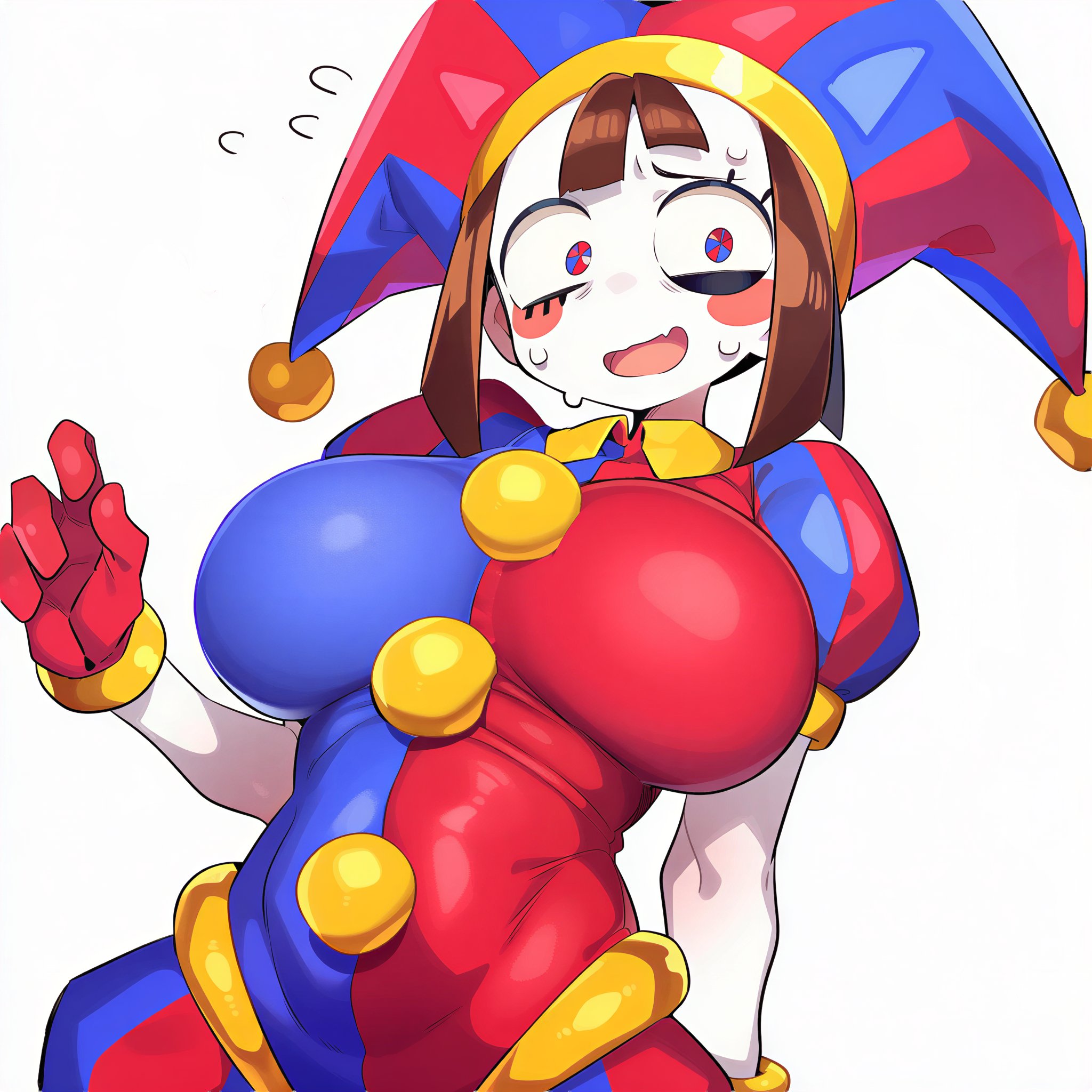 ai generated, big breasts, breasts, embarrassed, female, female only, jester, jester cap, jester hat, jester outfit, pomni, pomni (the amazing digital circus), solo, solo female, the amazing digital circus