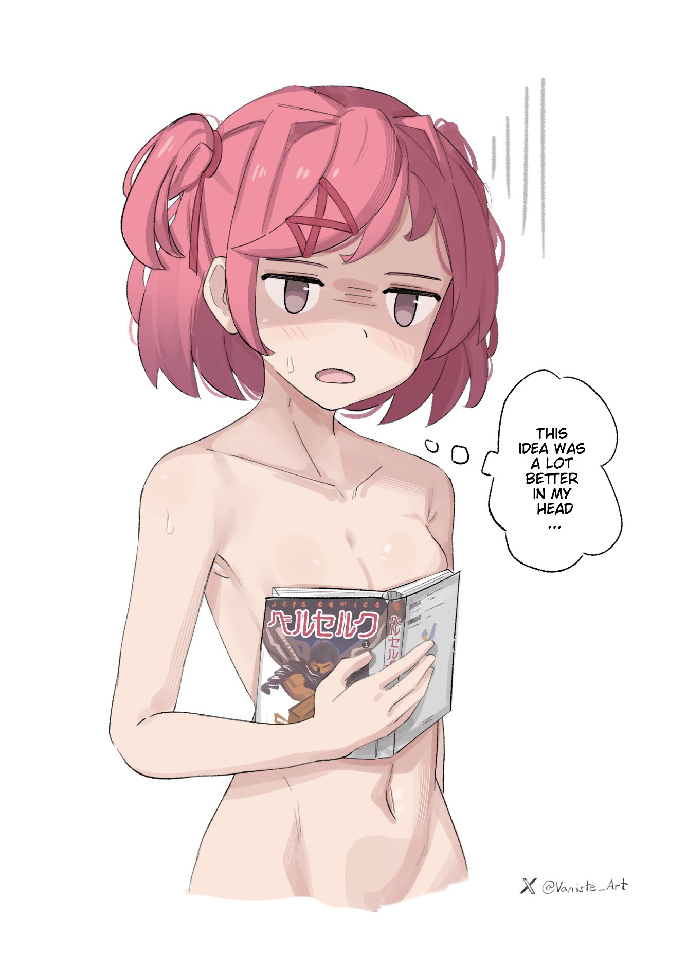1girls, berserk, book (object), book covering breasts, breasts, breasts out, casual, clavicle, cleft of venus, covered breasts, covered nipples, covering breasts, dissappointed, doki doki literature club, embarrassed, embarrassed nude female, enf, female, female only, flat chest, flat chested, guts (berserk), manga (object), naked, naked female, natsuki (doki doki literature club), navel, nude, ouch meme, out of frame, out of frame censoring, petite, petite body, petite breasts, petite female, pinup, small breasts, sternocleidomastoid, tiny breasts, tits, tits out, uncaring, vaniste