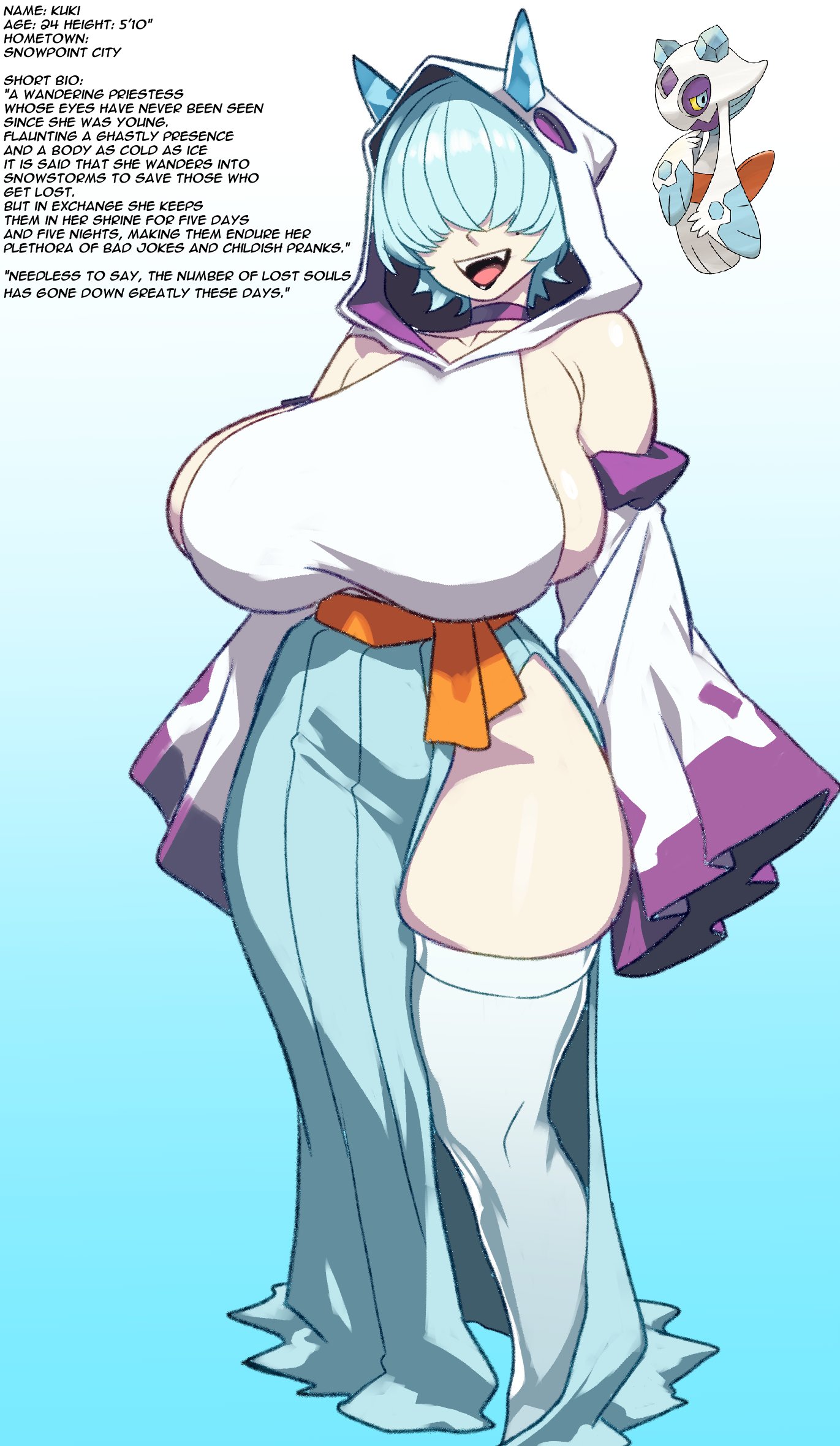 1girls, big breasts, booba, breasts, clothed, clothed female, female, female focus, female only, froslass, generation 4 pokemon, huge breasts, human, humanized, large ass, large boobs, mewmaster93, nintendo, original character, pokemon, pokemon (species), pokemon oc, solo, solo female, text