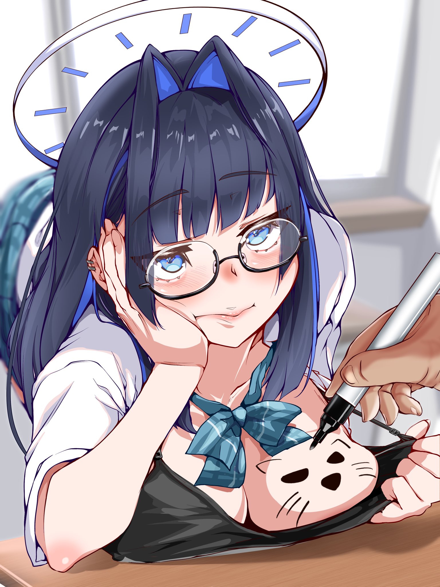 1boy, 1girls, blue eyes, blue hair, blush, body drawing, bored, breasts, chanwara 06, chanwara 06 (sabwara06/wara3977712), classroom, cleavage, desk, drawing, drawing on body, drawing on boob, eyebrows visible through hair, glasses, halo, hololive, hololive english, hololive english -council-, hololive english -promise-, huge breasts, indoors, light skin, light-skinned female, light-skinned male, on desk, ouro kronii, school uniform, serafuku, shirt, skirt, uniform, virtual youtuber, white shirt