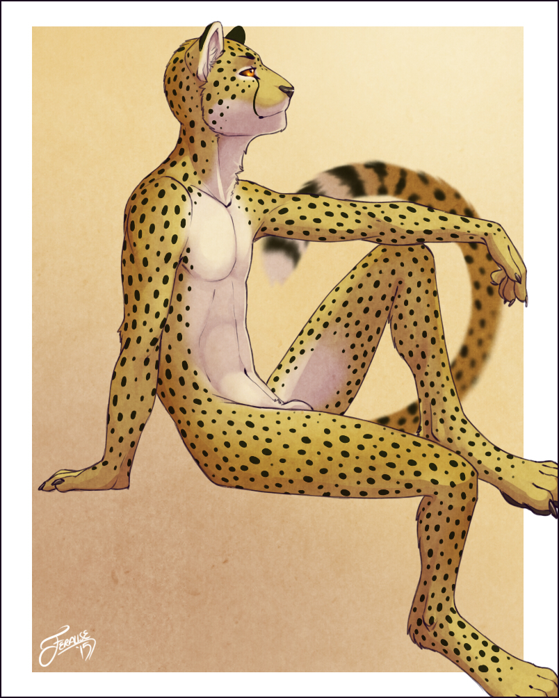 2015 animal_genitalia anthro cheetah claws clothed clothing feline feralise leaning male male_only mammal nude portrait pose sheath simple_background sitting skimpy solo yellow_eyes