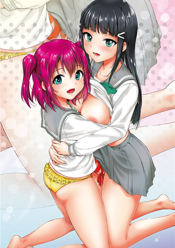 1futa 1girls bangs black_hair blush female futa_on_female futa_with_female futanari green_eyes hug incest intersex kneeling kurosawa_dia kurosawa_ruby long_hair looking_at_viewer love_live! love_live!_sunshine!! mole mole_under_mouth mostly_nude nude nude_futanari open_mouth panties penis penis_ribbon red_hair ribbon school_uniform serafuku shijou_mako siblings sisters skirt skirt_lift smile underwear