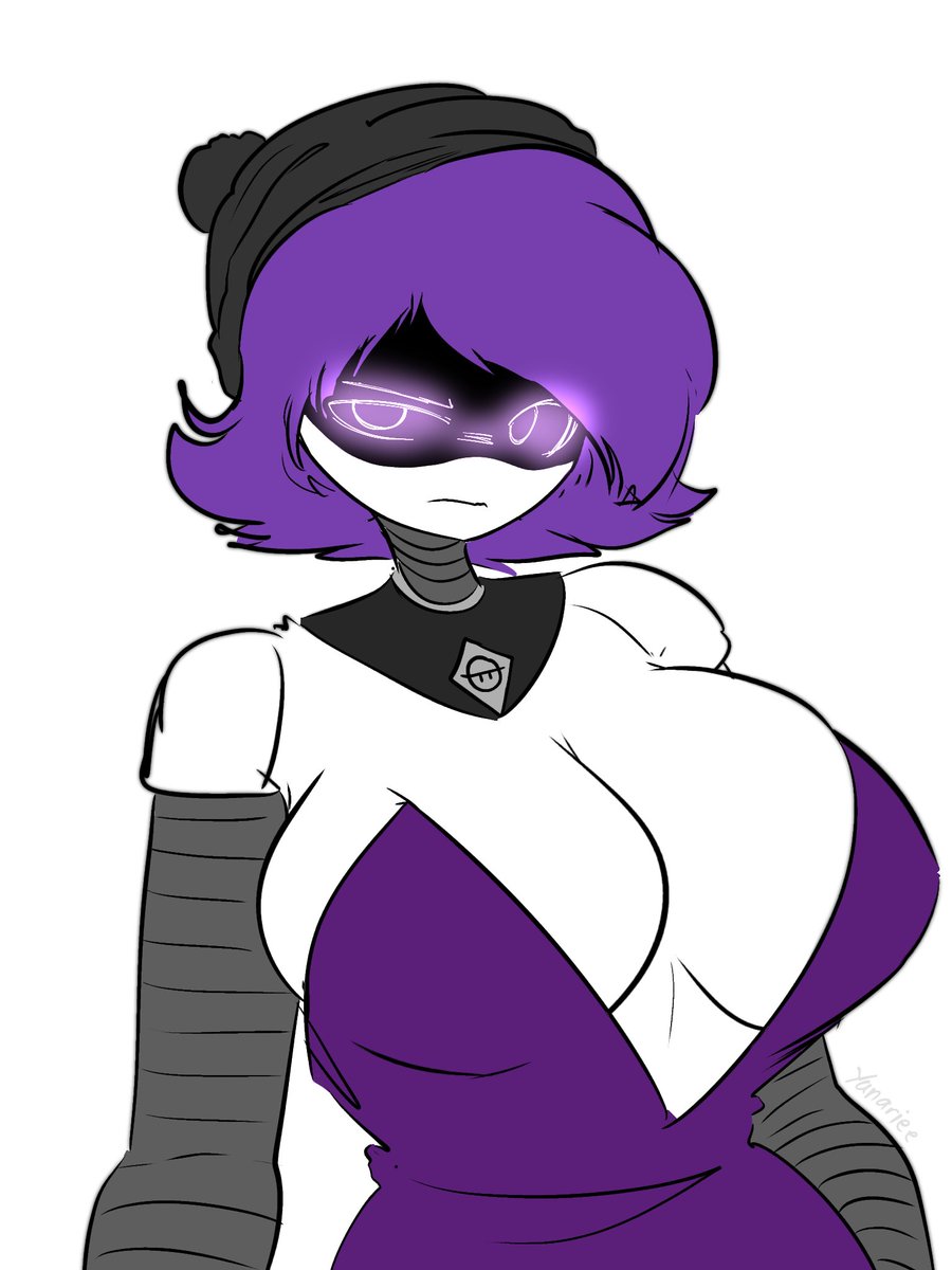 1girls, beanie, dress, female focus, female only, murder drones, purple dress, purple eyes, purple hair, purple shirt, robot, robot girl, uzi (murder drones), white background, yunariee
