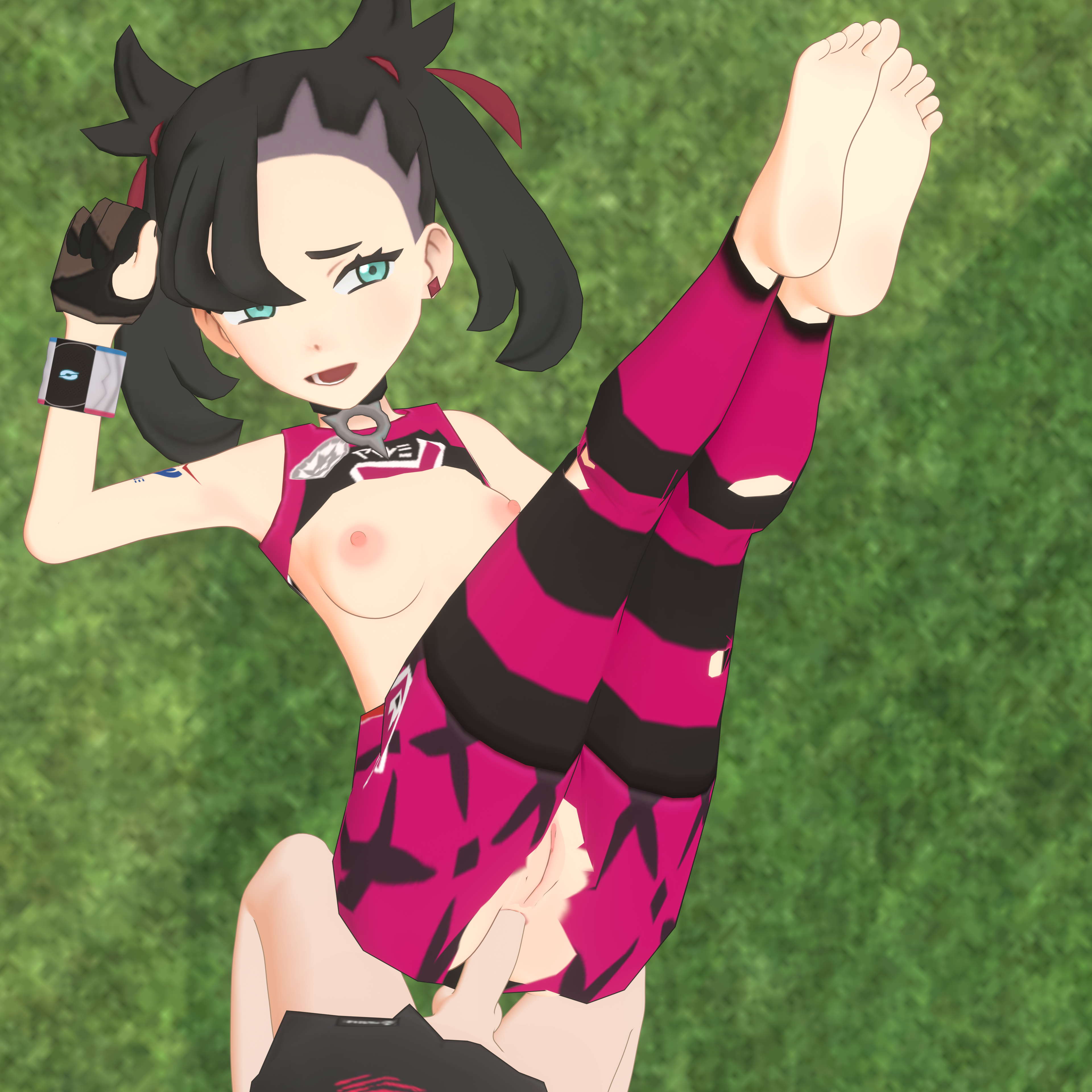 1boy, 1boy1girl, 1girl1boy, 1girls, 3d, barefeet, barefoot, black hair, clothed, clothed sex, female, legs up, marnie (pokemon), offscreen character, offscreen male, pokemon, pokemon ss, ripped clothing, ripped pants, saucemon7, self upload, sex, shirt lift, shirt up, torn clothes, torn clothing, turquoise eyes, unknown male, unseen character, unseen male, unseen male face