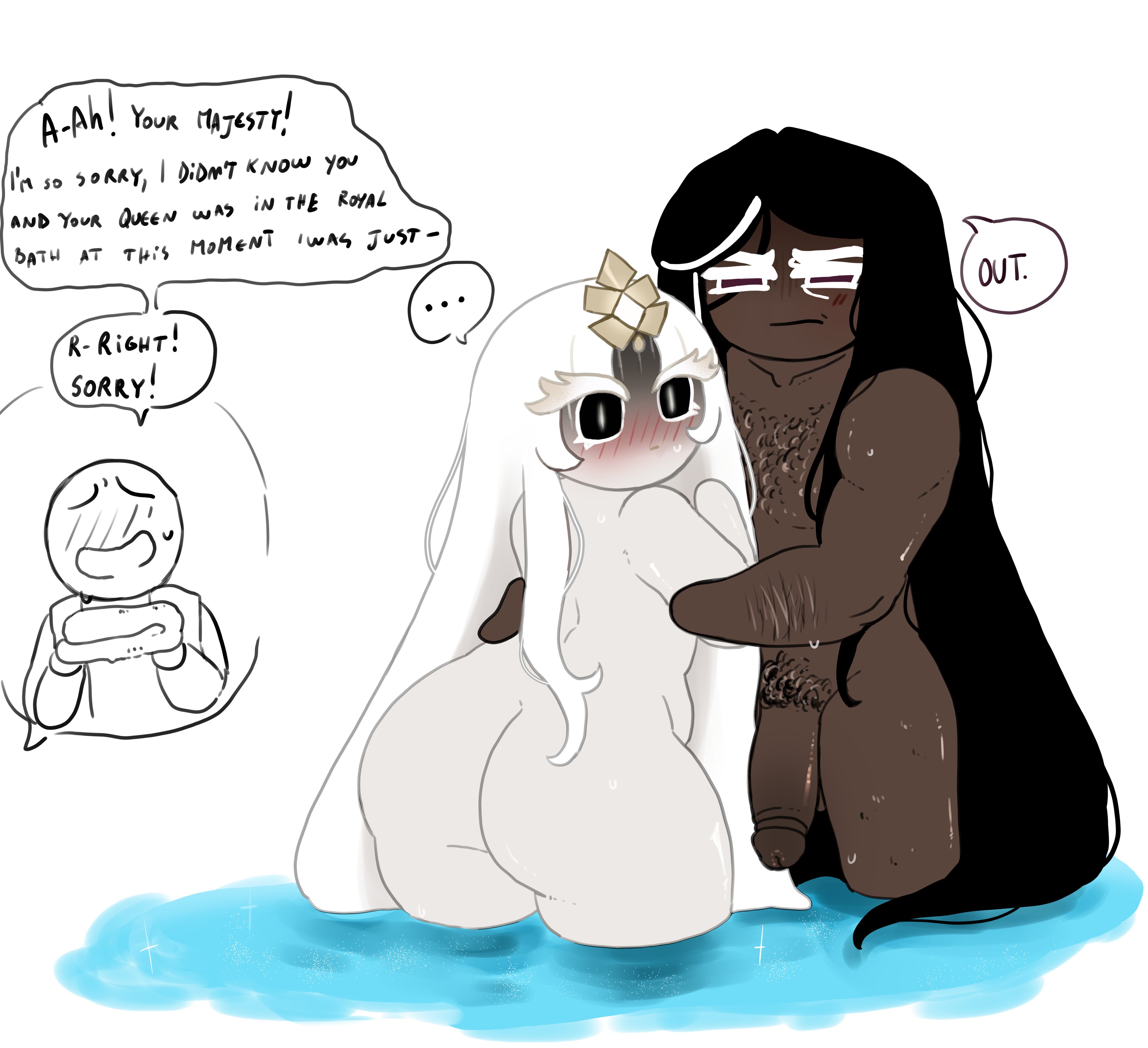 bathing, caught, caught in the act, cock out, command, commission, commissioned, commissioned art, cookie run, cookie run kingdom, dark cacao cookie, magpiered, magpieredd, male/female, mystic flour cookie, mysticcacao, non sexual nudity, nude, shocked, shocked expression, text bubble, walked in on