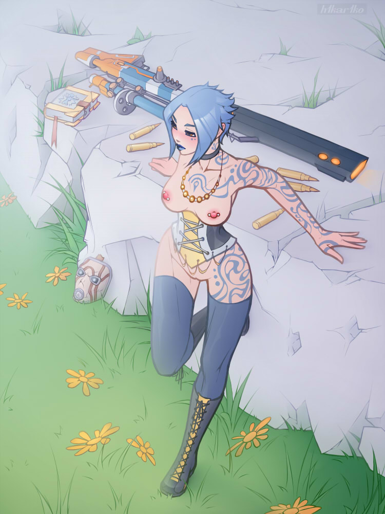 1girls, 2d, artist request, blue hair, blue lipstick, blush, bob cut, body markings, borderlands, borderlands 2, breasts, female, female only, gun, maya (borderlands), nipple piercing, nipples, piercing, pussy, siren (borderlands), siren markings, sniper rifle, solo, solo female, standing, tattoo, tattoos, thigh highs, topless, weapon