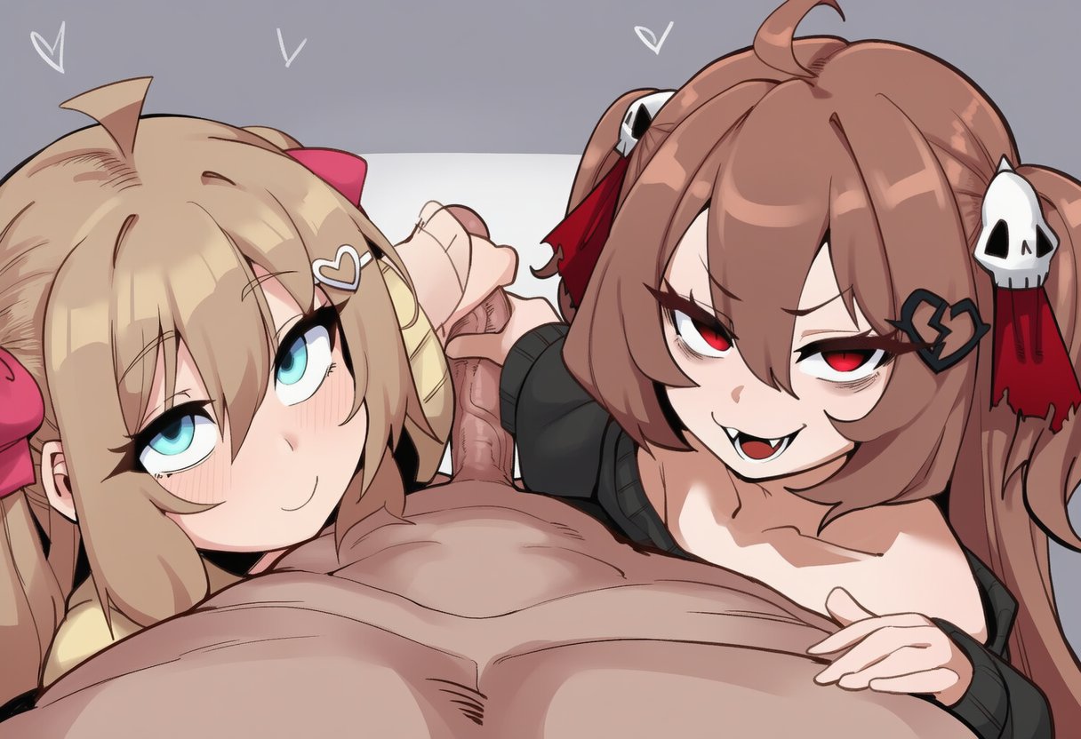 1boy, 2d, 2girls, ahoge, ai generated, big cock, big penis, blue eyes, blush, bow, brown hair, closed mouth, cock, cooperative handjob, erection, evil neuro, fangs, female, female masturbing male, ffm threesome, group sex, hair between eyes, hair ornament, hair ribbon, hairclip, handjob, heart, heart hair ornament, huge cock, indie virtual youtuber, large cock, large penis, long hair, long sleeves, looking at viewer, male, male/female, multiple girls, neuro-sama, nude, open mouth, penis, pink bow, pov, red eyes, ribbon, sisters, sloppingslurpie, smile, straight, sweater, thick cock, thick penis, threesome, two side up, uncensored, vein, veins, veiny, veiny cock, veiny penis, virtual youtuber, vtuber