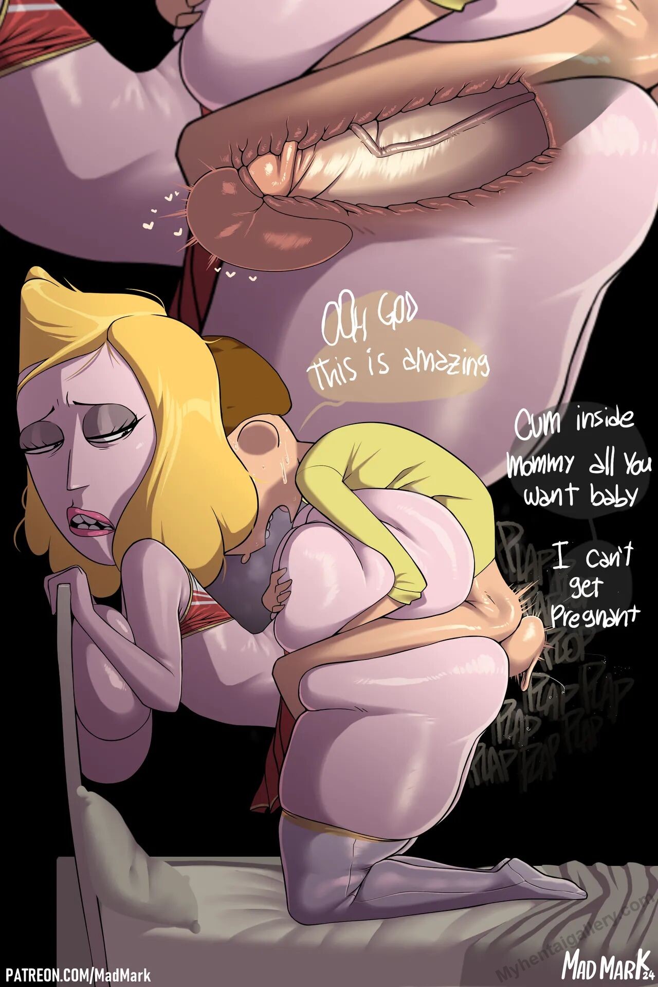 1boy, 1girls, ass, beth smith, cheating, cheating wife, comic, condom, cucked by son, cuckold, dialogue, doggy style, english text, fat ass, female, from behind position, giant penis, incest, madmark, male, mommy, mommy kink, morty smith, mother, mother and child, mother and son, netorare, ntr, older female, questionable consent, rick and morty, rough sex, vaginal penetration, younger male