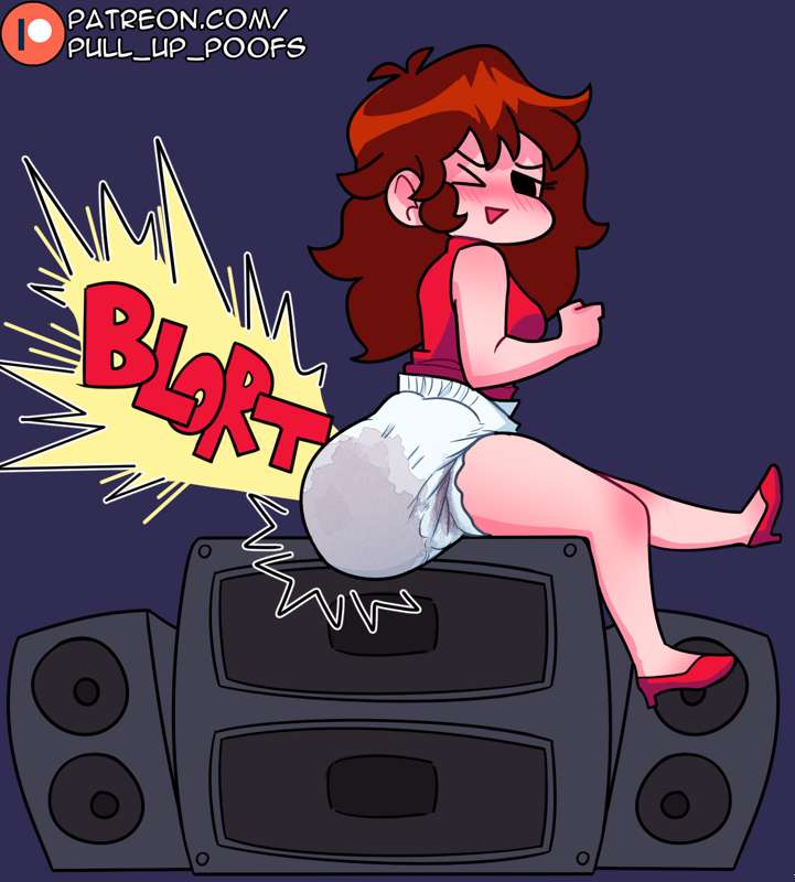 auburn hair, blue background, boombox, diaper, diaper fetish, female, female only, friday night funkin, girlfriend (friday night funkin), pull up poofs, red dress, red heels, scat, shitting, sitting, smiling, soiling, speakers, squint, squinting, text