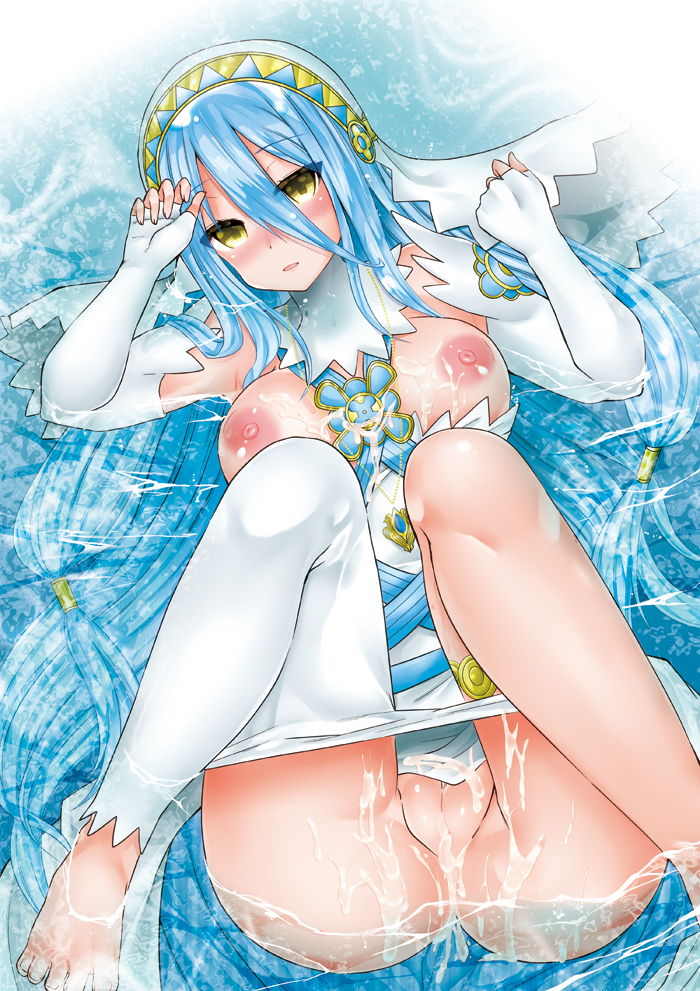 areola, areolae, azura (fire emblem), barefoot, blue hair, blush, breasts, cum, cum in pussy, cum on breasts, cum on lower body, cum on upper body, cumdrip, dress, feet, female, fire emblem, fire emblem fates, knees together feet apart, looking at viewer, medium breasts, necklace, nintendo, no panties, pussy, solo, solo focus, toes, veil, very long hair, water, white dress, yellow eyes