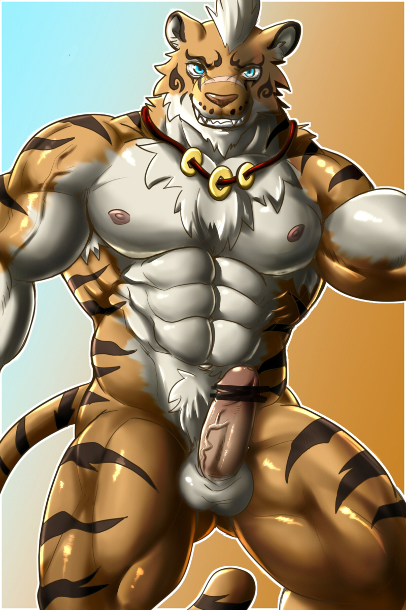 1boy anthro eurobeat feline male male_only mammal muscular nekojishi penis sex simple_background solo tiger