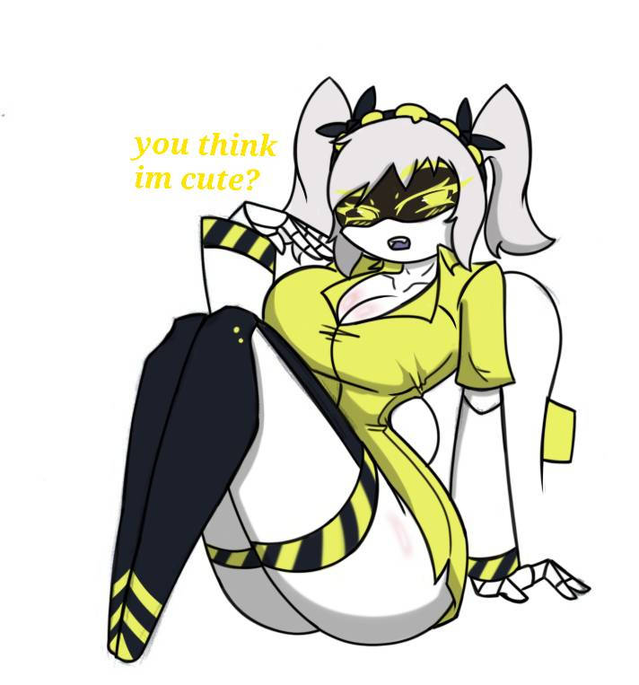 1girls, female focus, female only, grey hair, j (murder drones), murder drones, pace-maker, sharp teeth, sitting, tail, thick thighs, thighs, white background, yellow eyes, yellow shirt