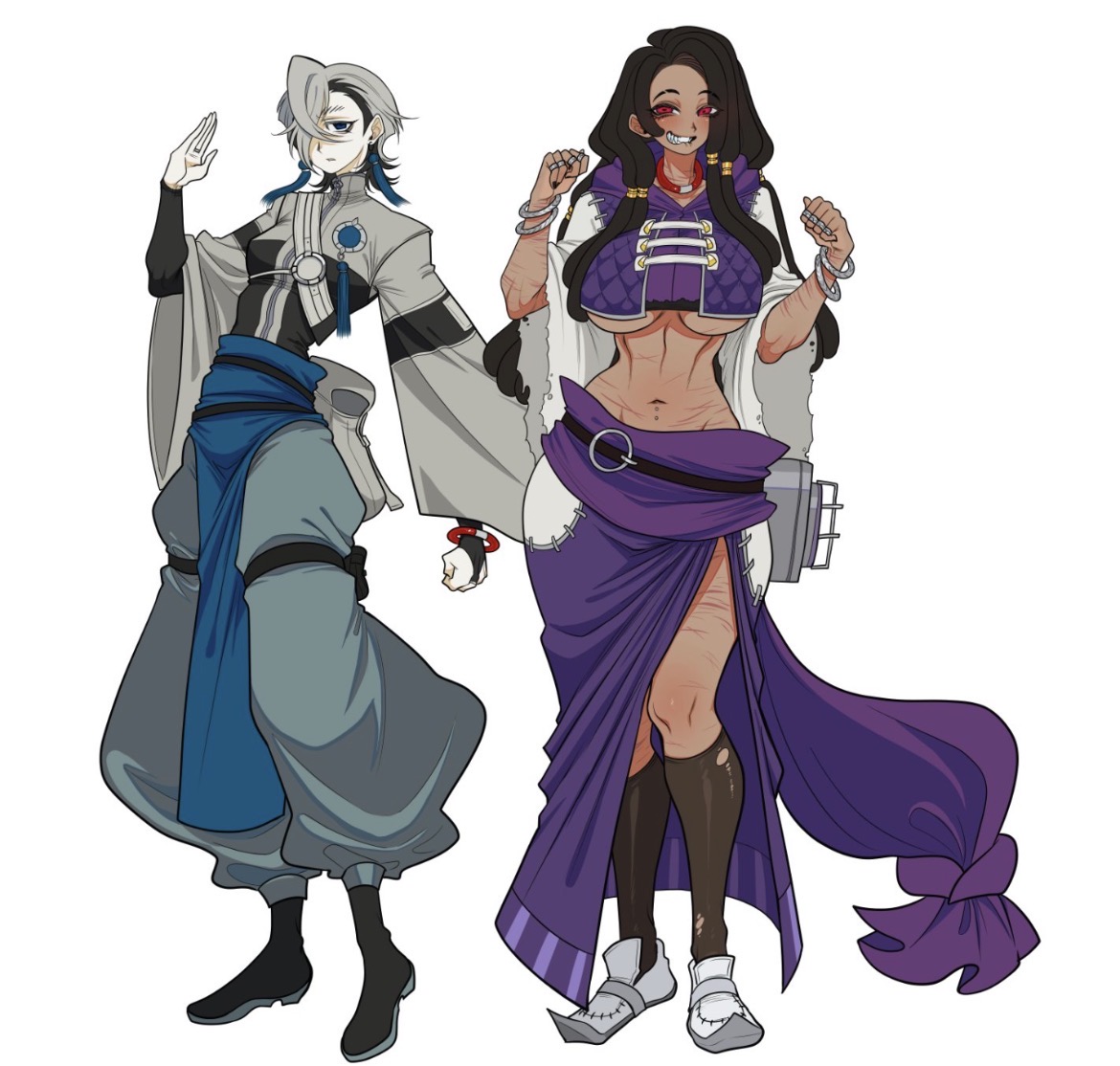 2girls, big breasts, black hair, curvy female, dark-skinned female, fancy clothing, female, fully clothed, gachiakuta, genderbend, genderswap, genderswap (mtf), jabber wonger, midriff, pale-skinned female, rule 63, scars on body, thick thighs, underboob, white hair, wide hips, zanka nijik