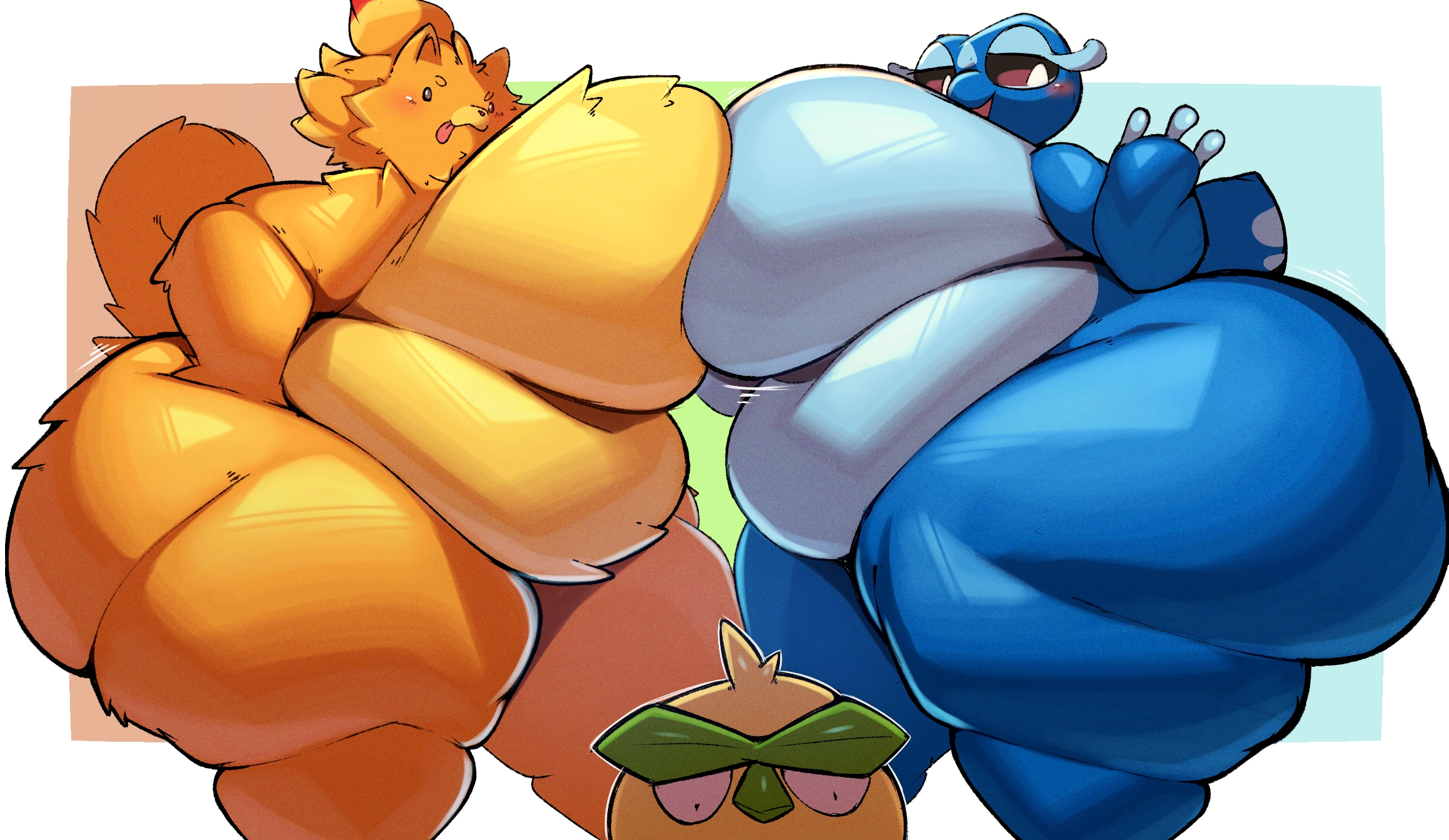 ambiguous gender, anthro, ass, avian, beak, belly, belly overhang, big belly, big breasts, big butt, black eyes, black nose, black sclera, blue background, blue body, blue tail, blush, border, breast squish, breast to breast, breasts, browt, canid, canine, eyebrows, female, female anthro, female/female, game freak, gecqua, generation 10 pokemon, green background, green beak, green eyebrows, group, habrow, hair, hand on hip, hand on own hip, hi res, huge ass, huge belly, huge breasts, huge butt, huge thighs, hyper, hyper breasts, hyper butt, hyper thighs, leaf, leaf eyebrows, lightmizano, mammal, miori, multicolored body, nintendo, non-mammal breasts, obese, obese anthro, open mouth, open smile, orange body, orange hair, orange tail, overweight, overweight anthro, overweight female, pokemon, pokemon (species), pokemon winds and waves, pokemon ww, pombon, pomken, purple sclera, red background, red mouth, red tongue, reptile, scalie, shaded, shortstack, simple background, smile, squish, stevest58244496, tail, tan body, thick thighs, tongue, tongue out, trio, two tone body, white border, white eyes